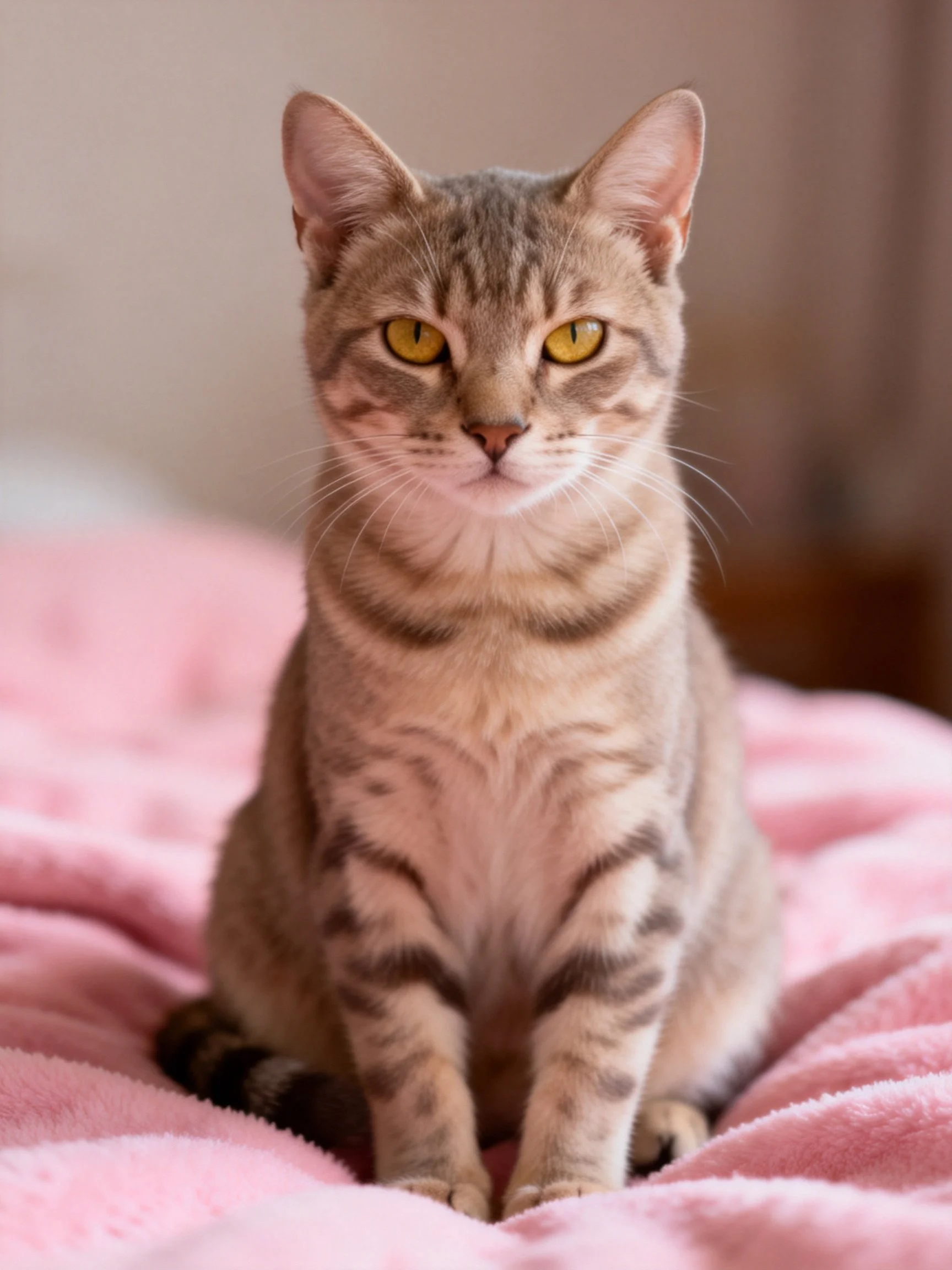 A gray tabby cat with yellow eyes sits calmly on a pink blanket