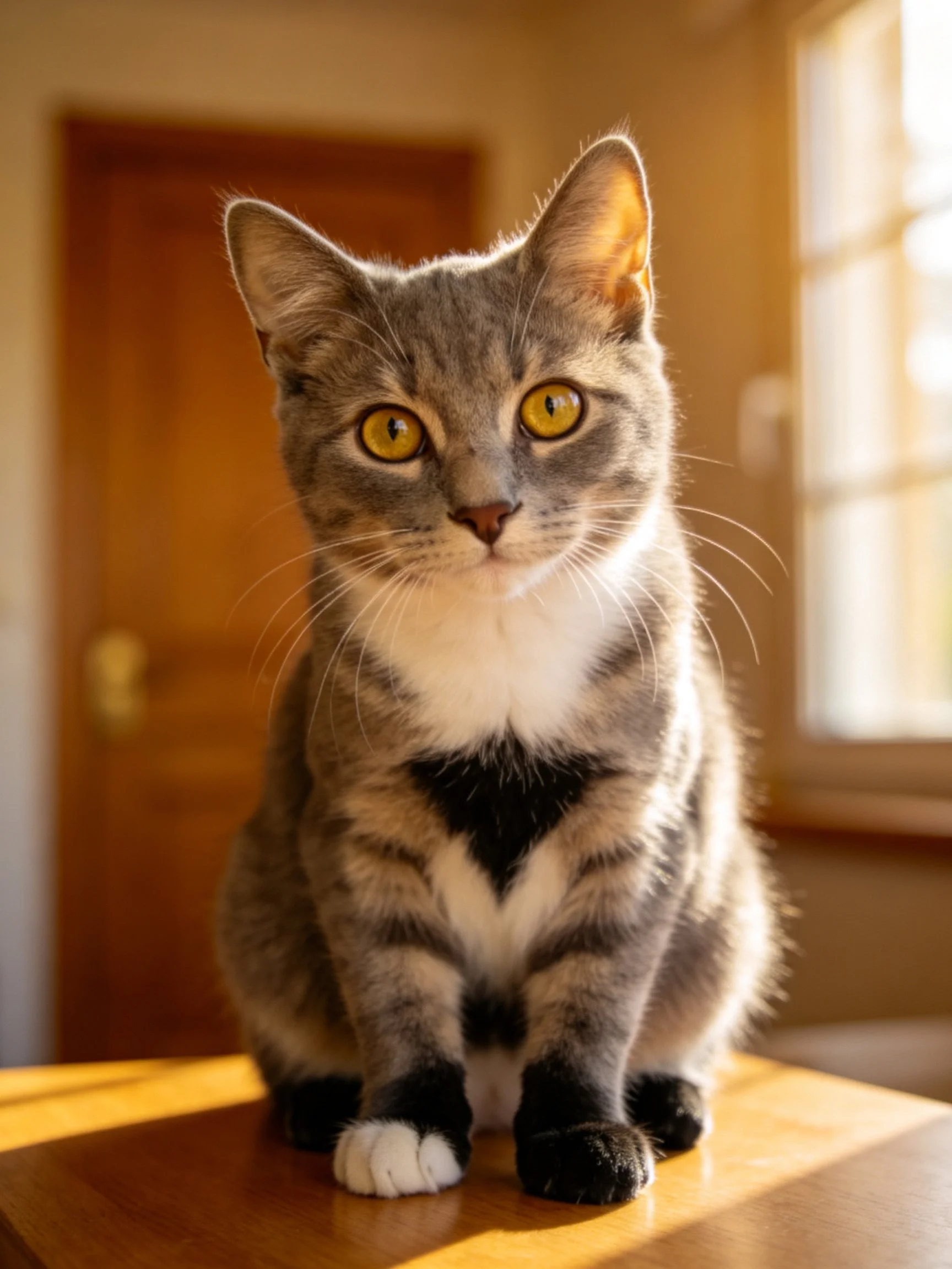 A gray tabby cat with bright yellow eyes sits on a wooden table in a sunlit room