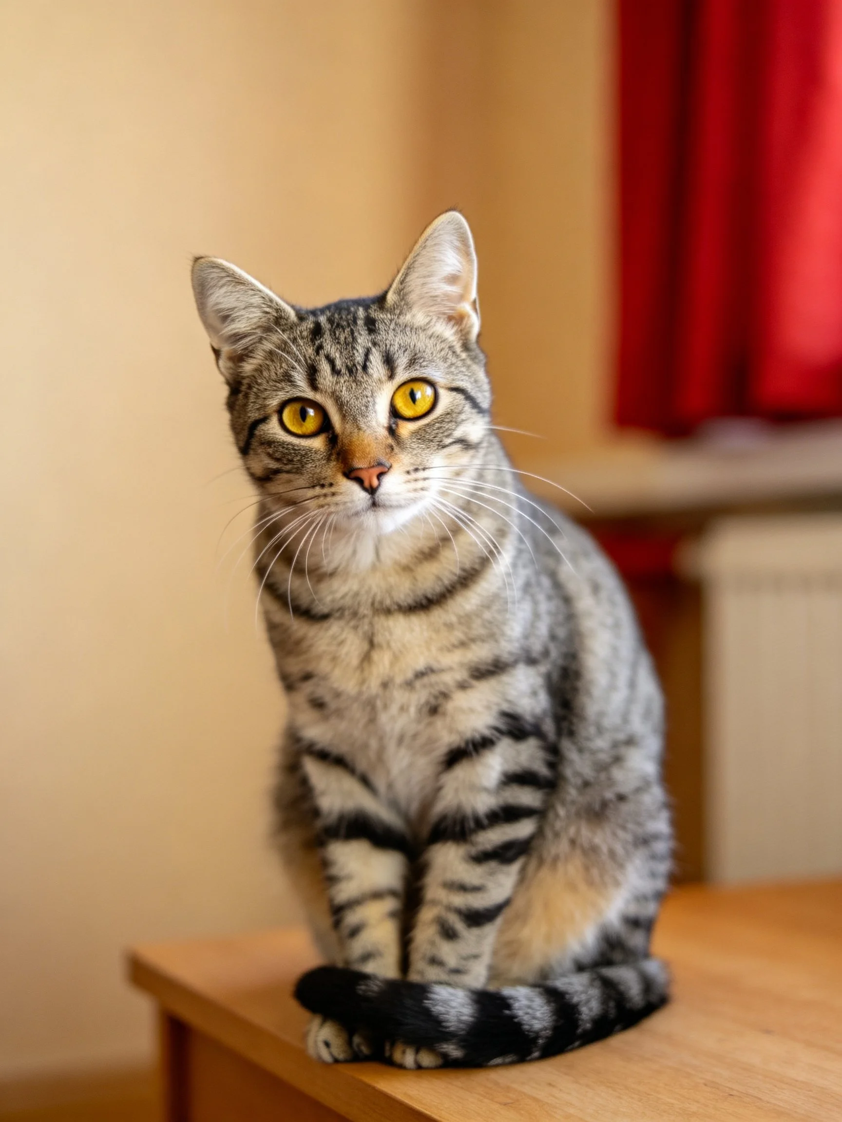 A gray tabby cat with bright yellow eyes rests on a wooden surface indoors.