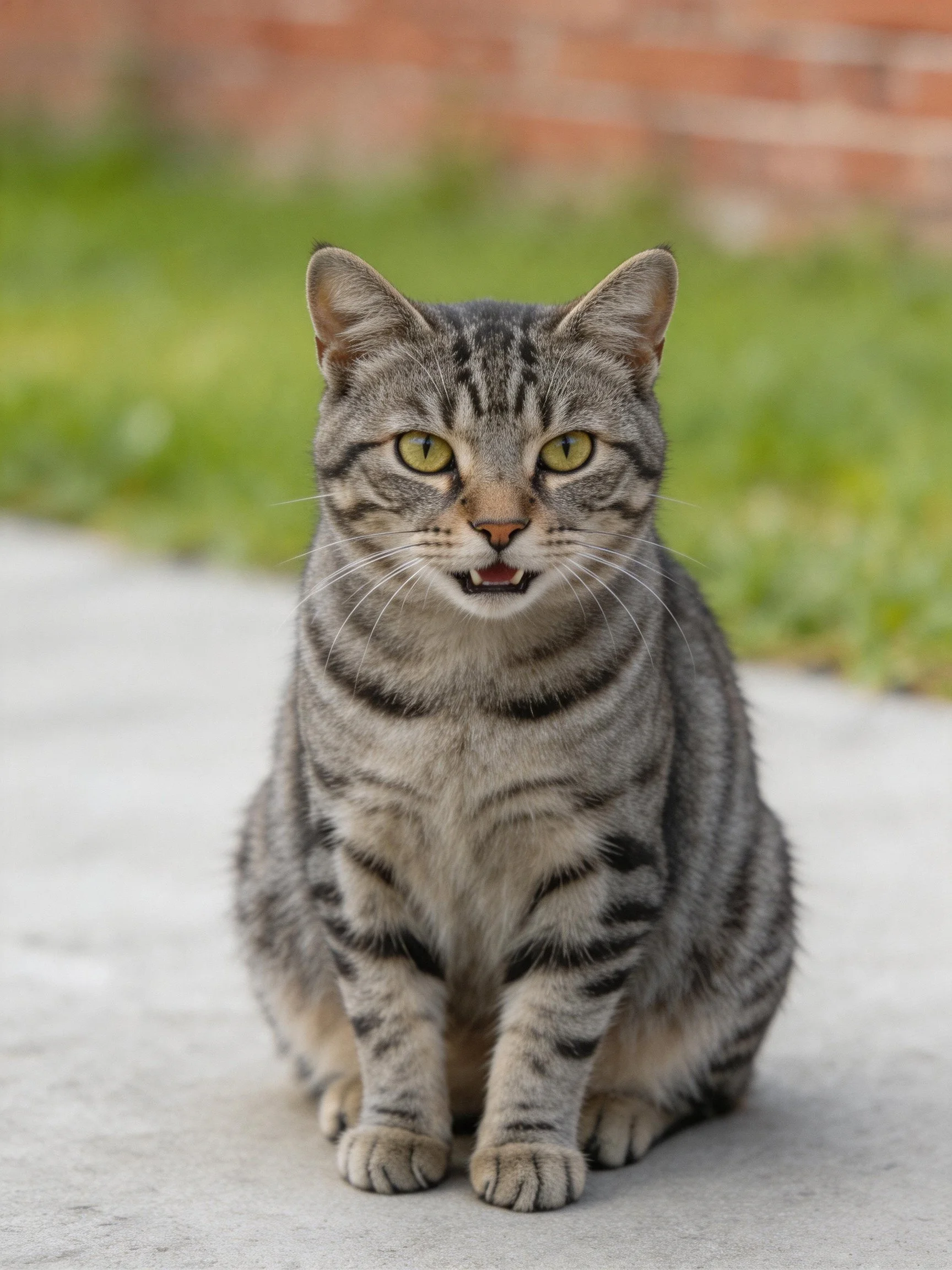 A gray tabby cat sits calmly on concrete with blurred greenery in the background.