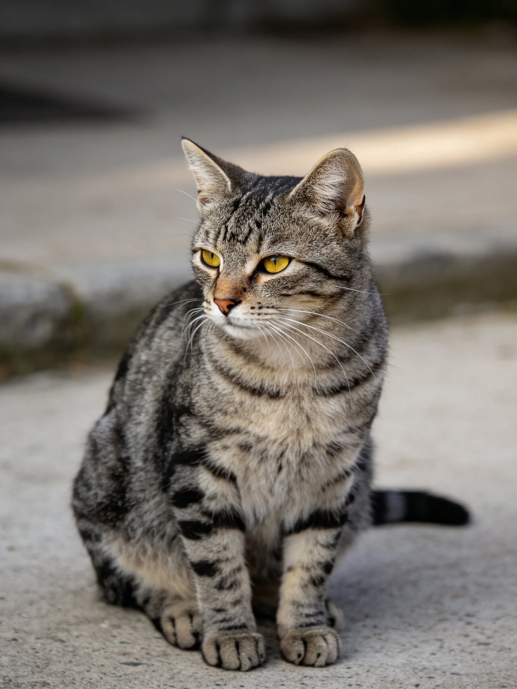 A gray tabby cat with yellow eyes sits calmly on smooth pavement.