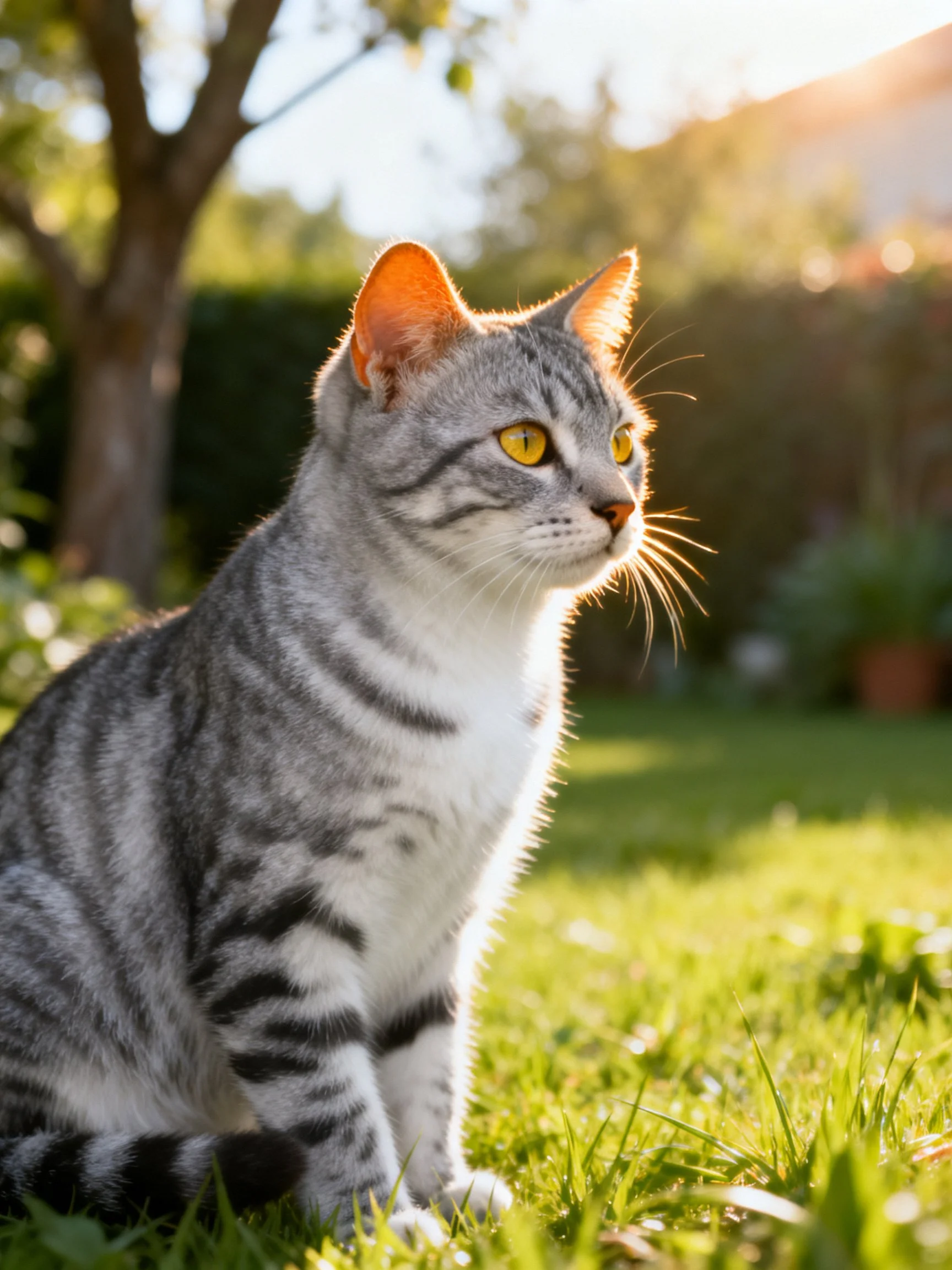 A gray tabby cat with yellow eyes sits calmly on sunlit grass in a garden.