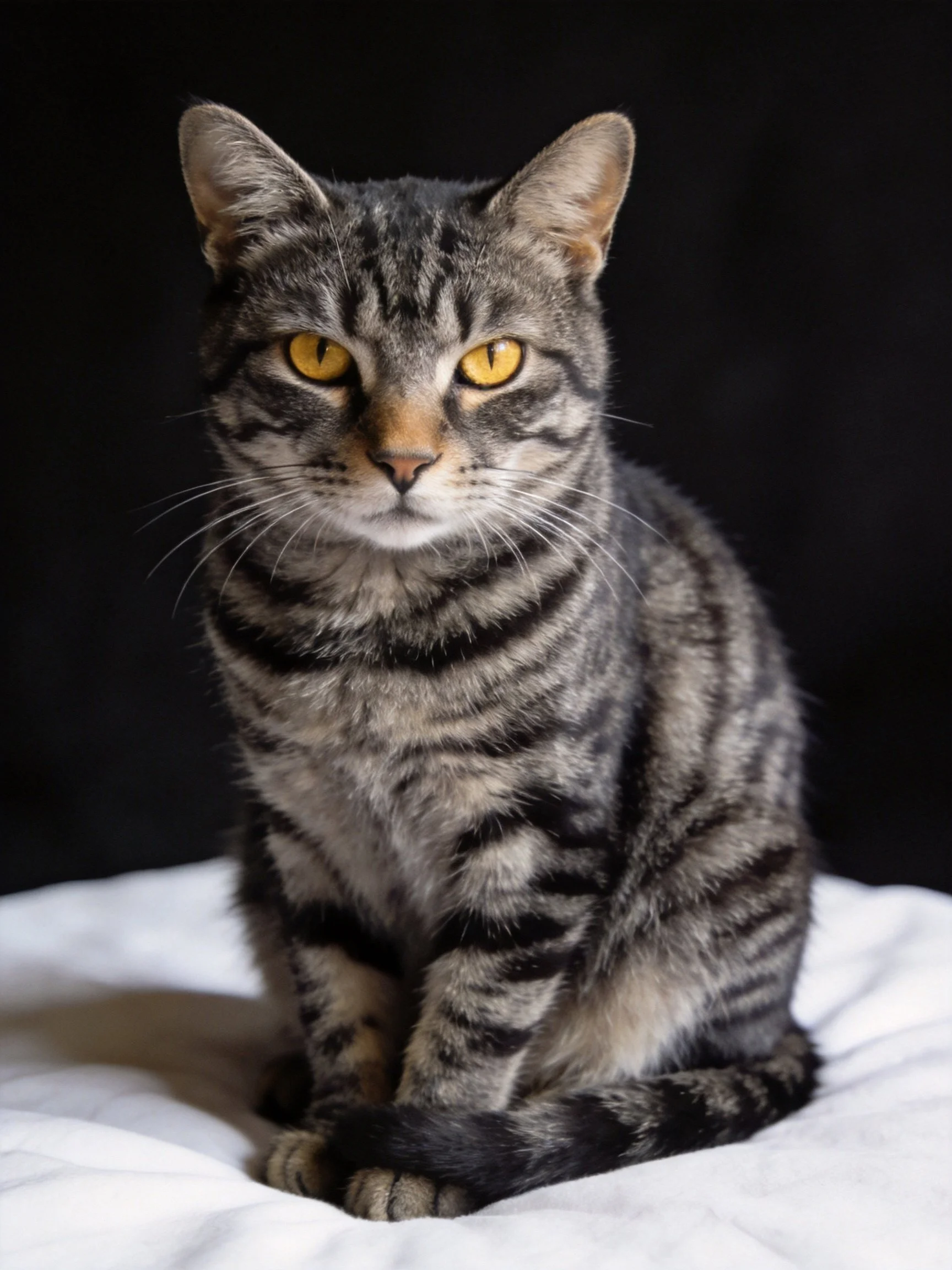 A gray tabby cat with yellow eyes sits calmly on white fabric.