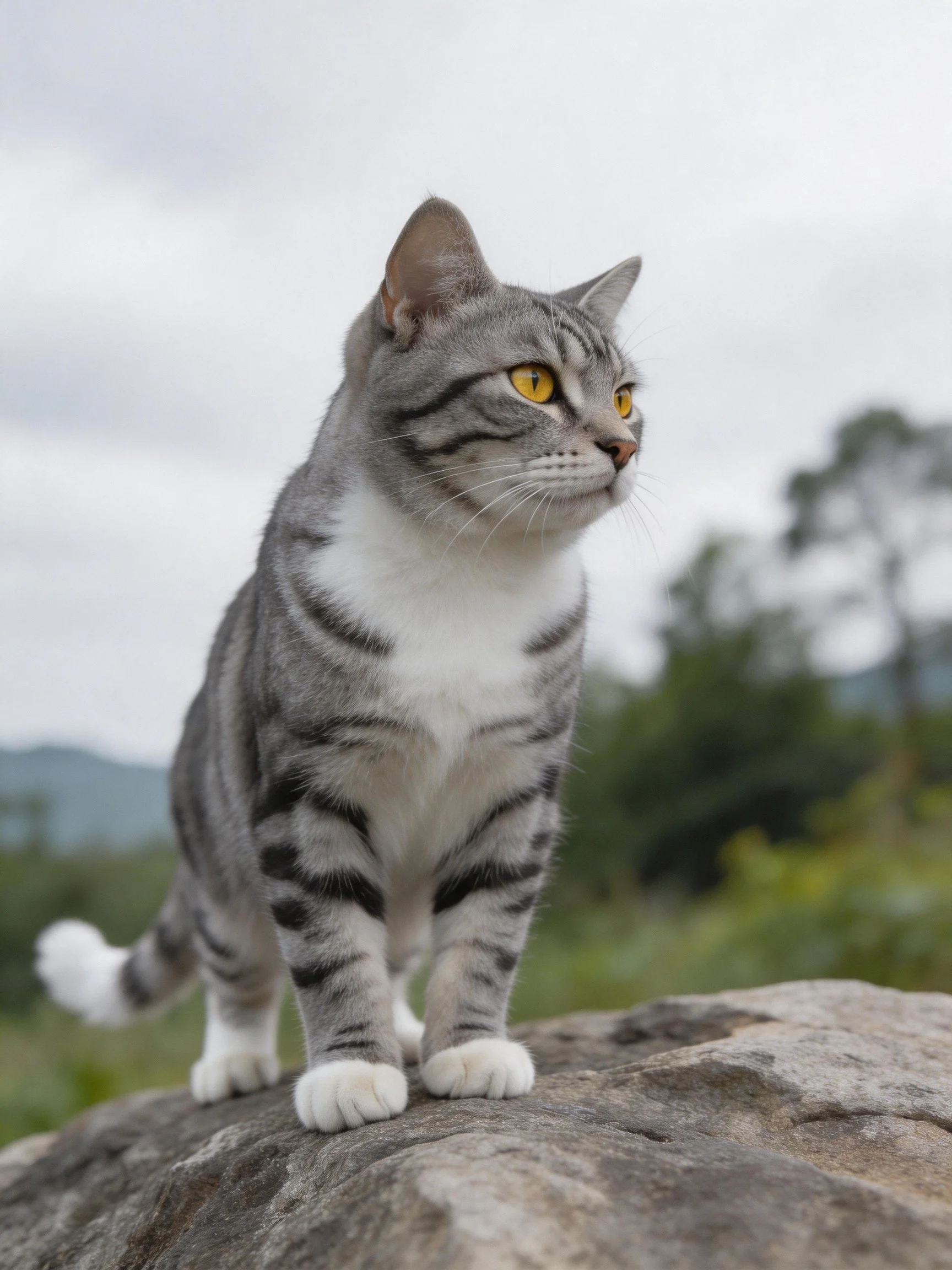 A gray tabby cat with yellow eyes stands on a rock in a natural outdoor setting.