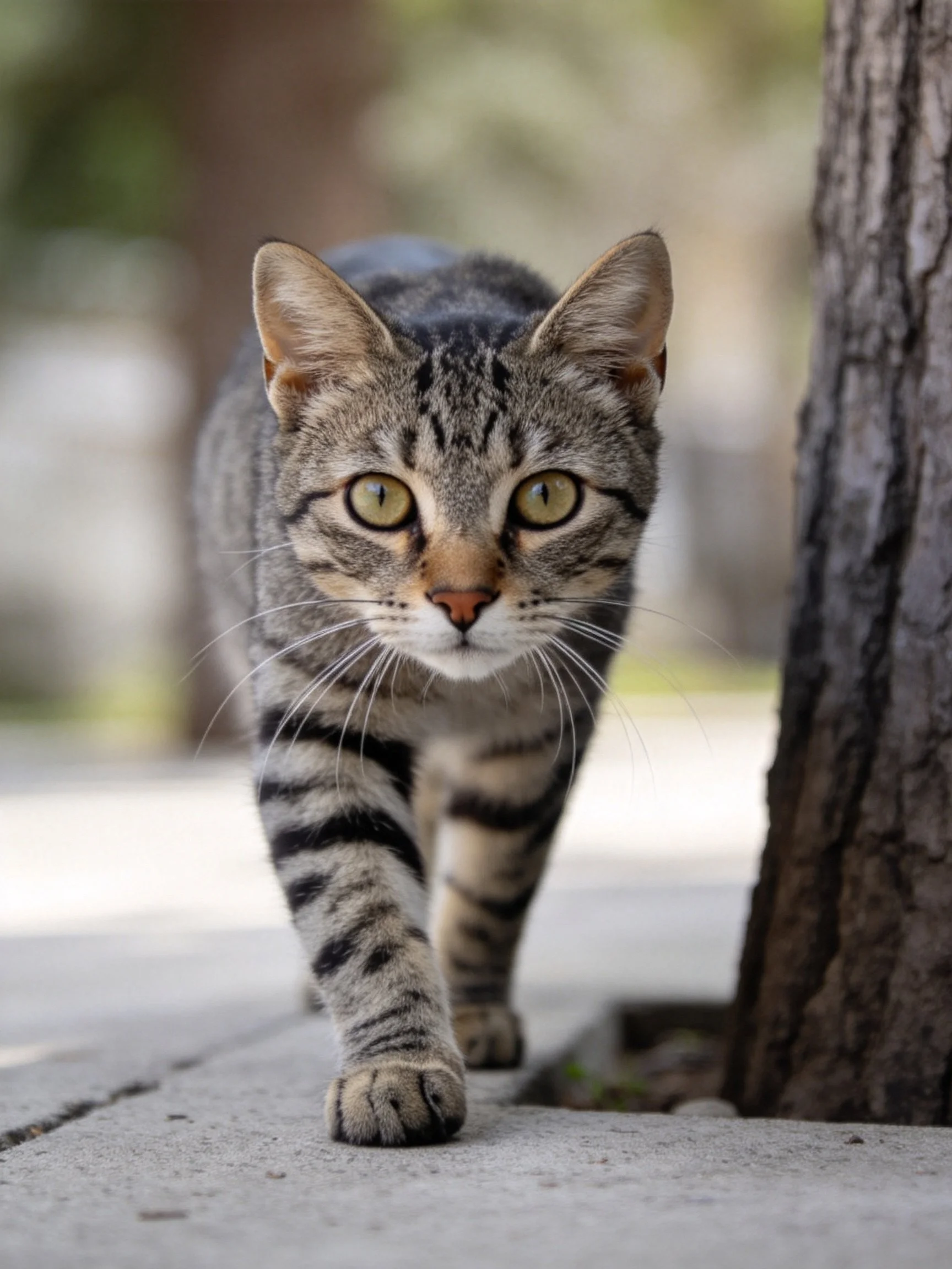 A gray tabby cat with yellow eyes walks toward the camera near a tree.