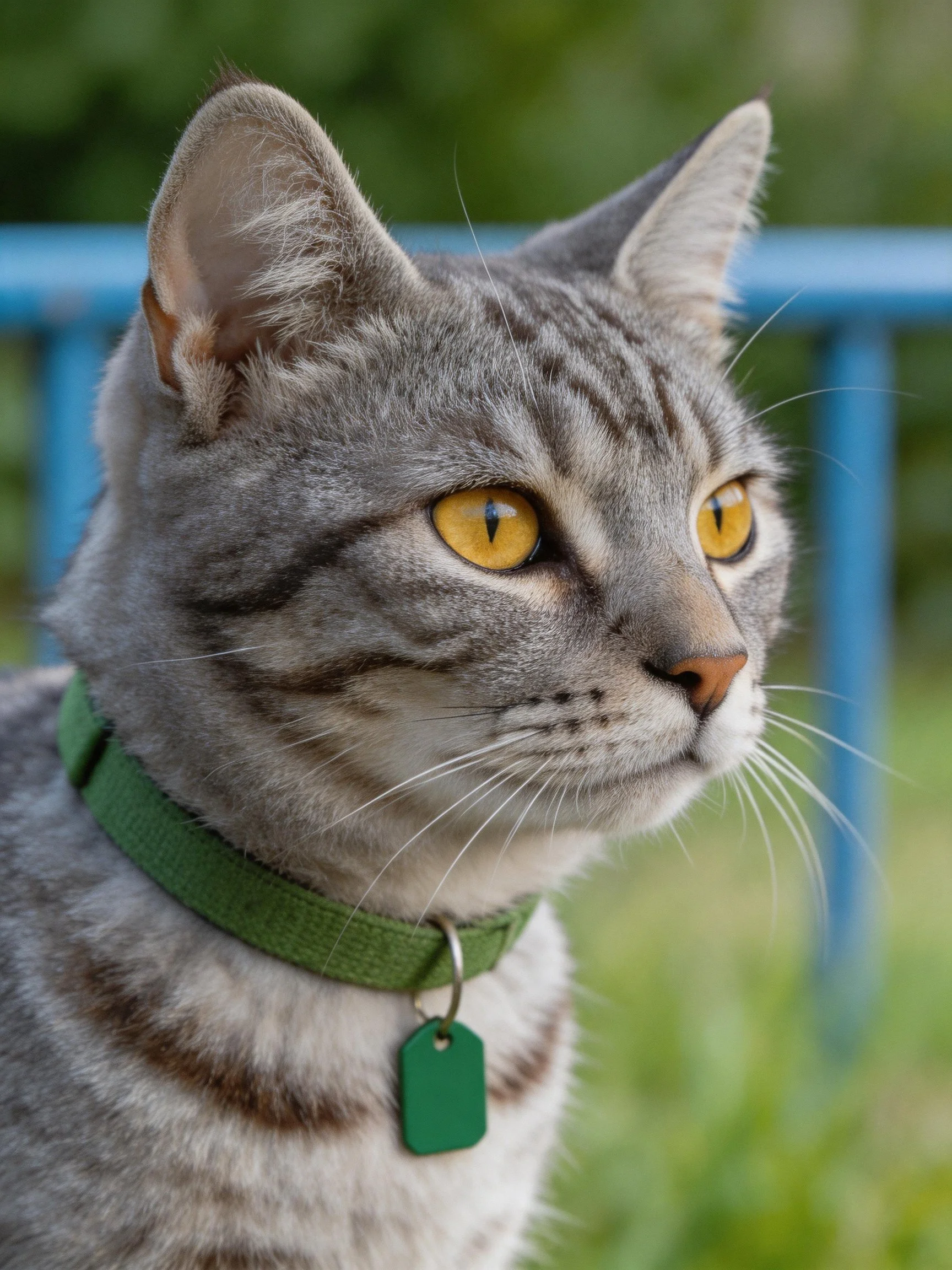 A gray tabby cat with yellow eyes wears a green collar near blue railings.