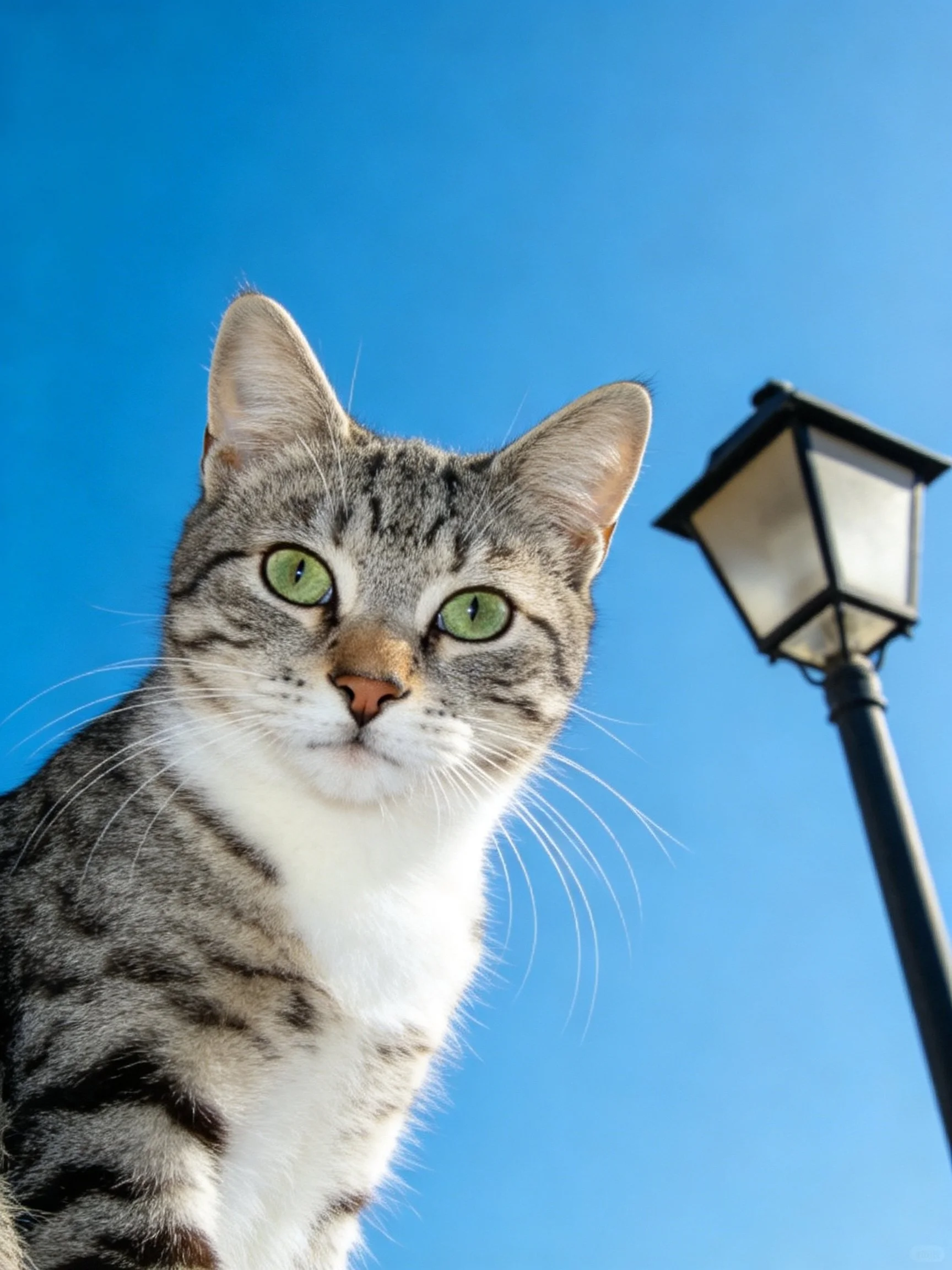 A gray tabby cat stands next to a black street lamp beneath a clear blue sky.