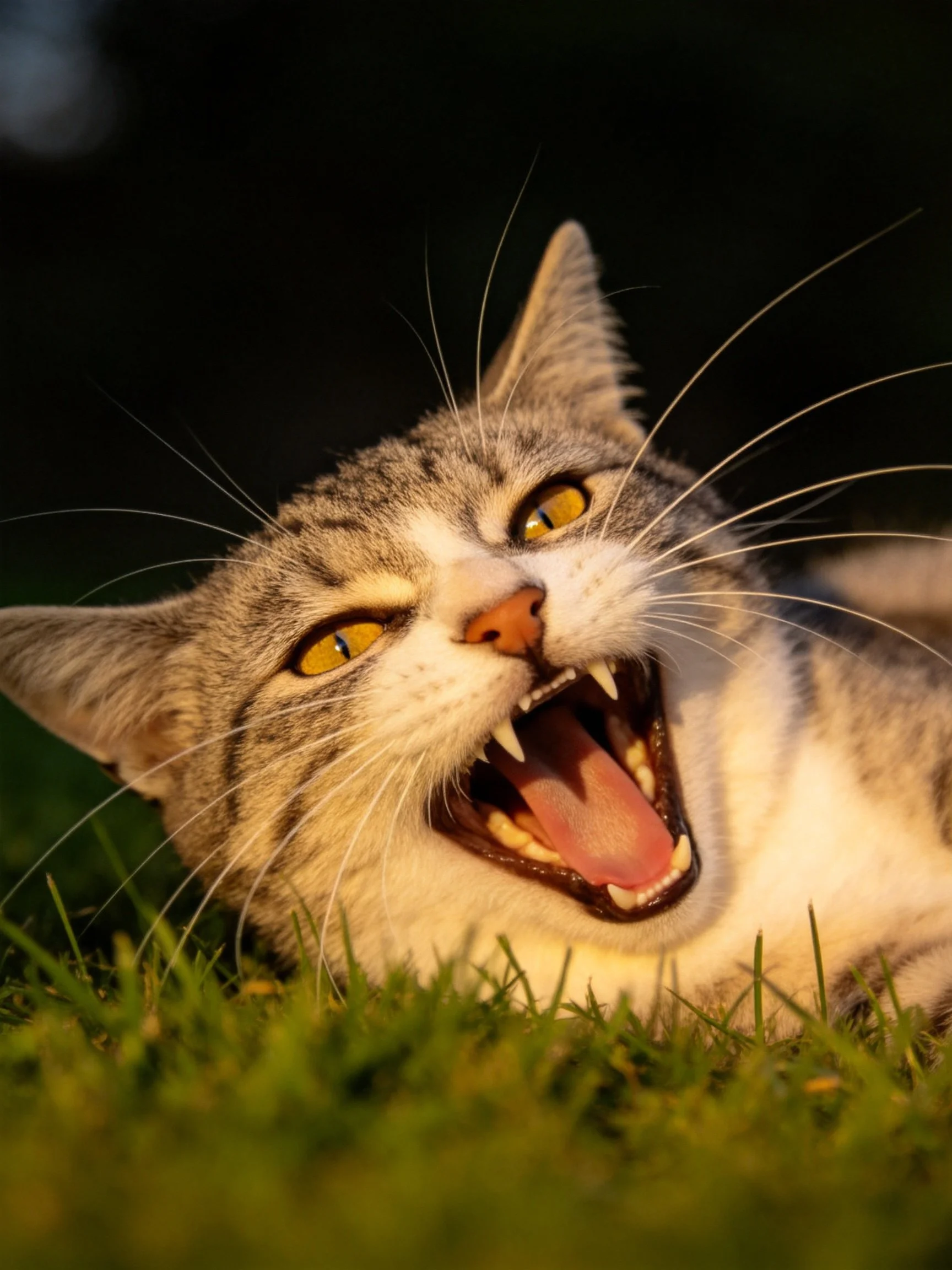 A gray tabby cat yawning on green grass in warm sunlight