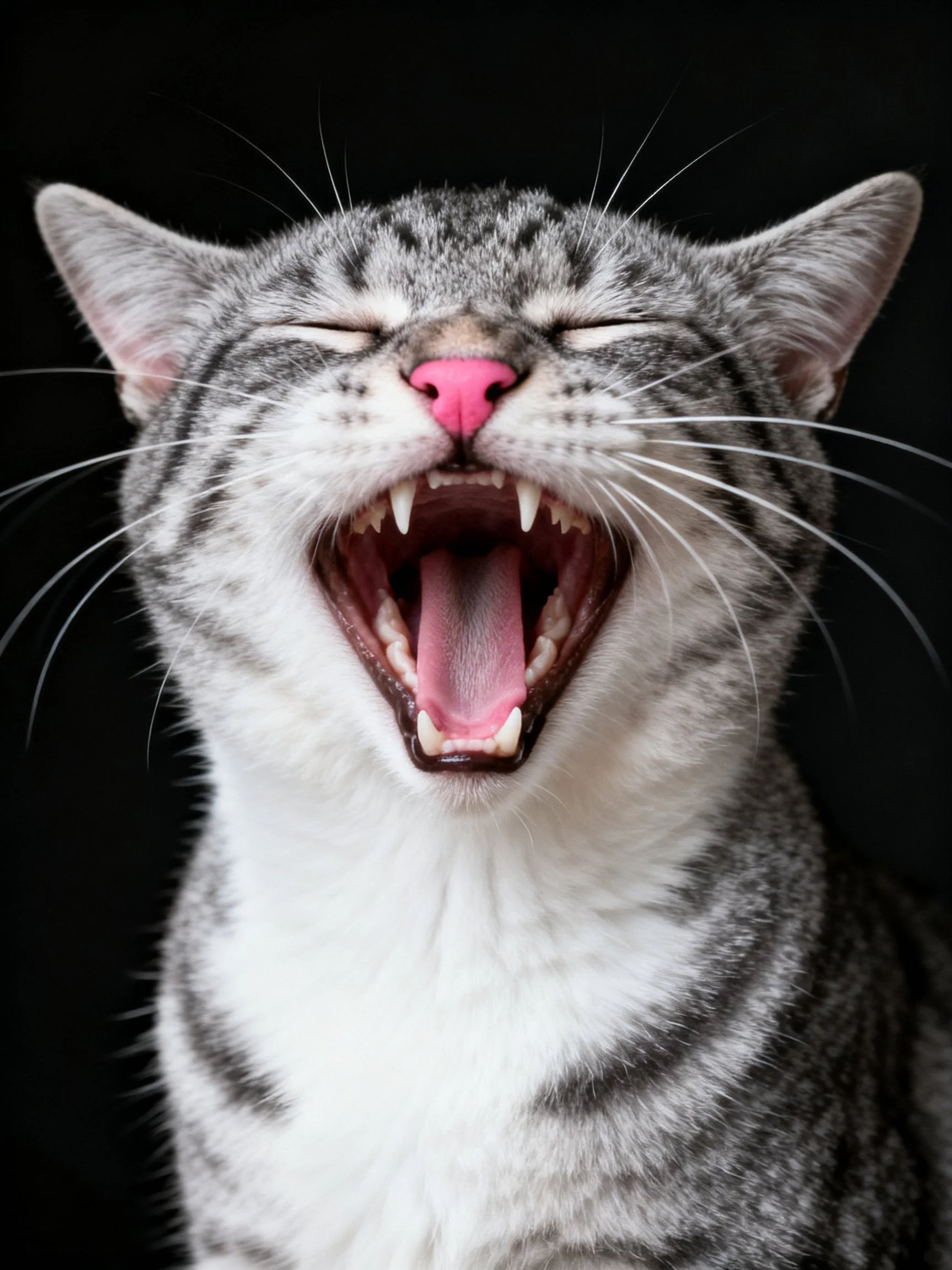 A gray tabby cat yawning widely with pink nose