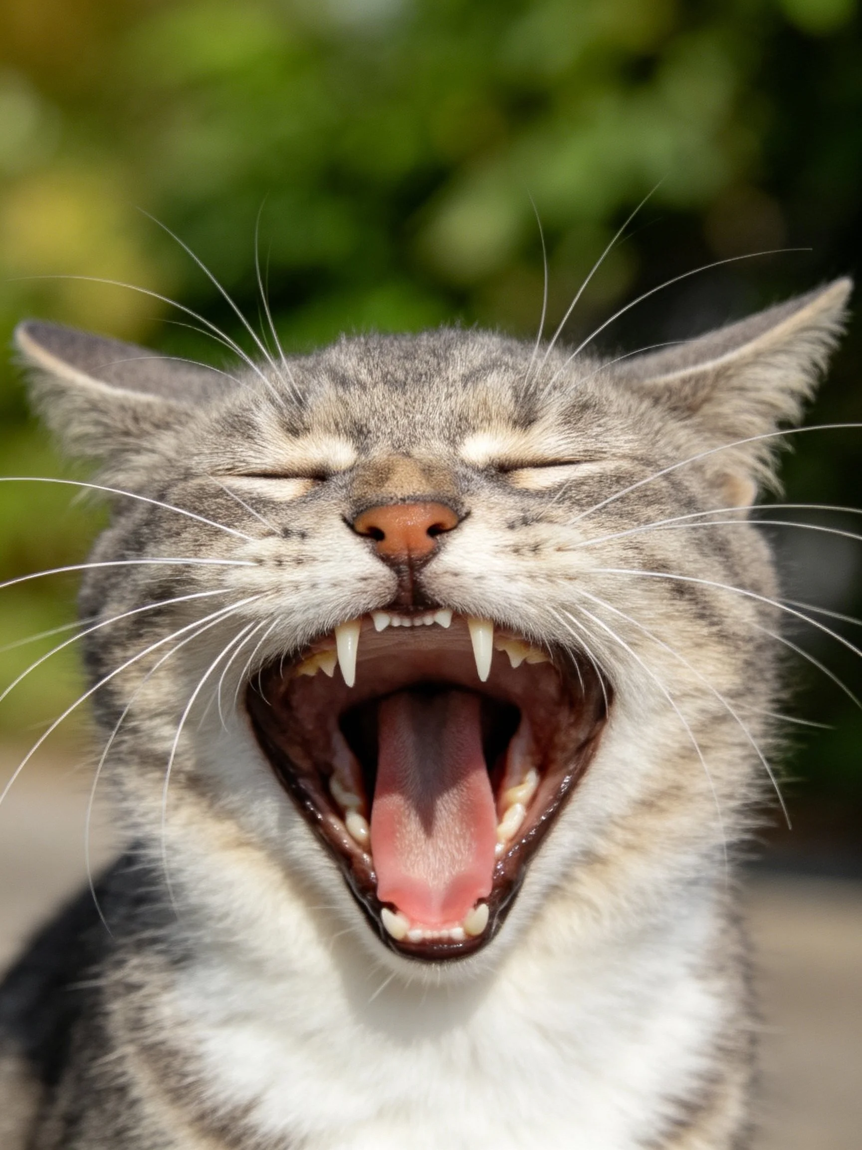 A gray tabby cat yawning with eyes closed outdoors