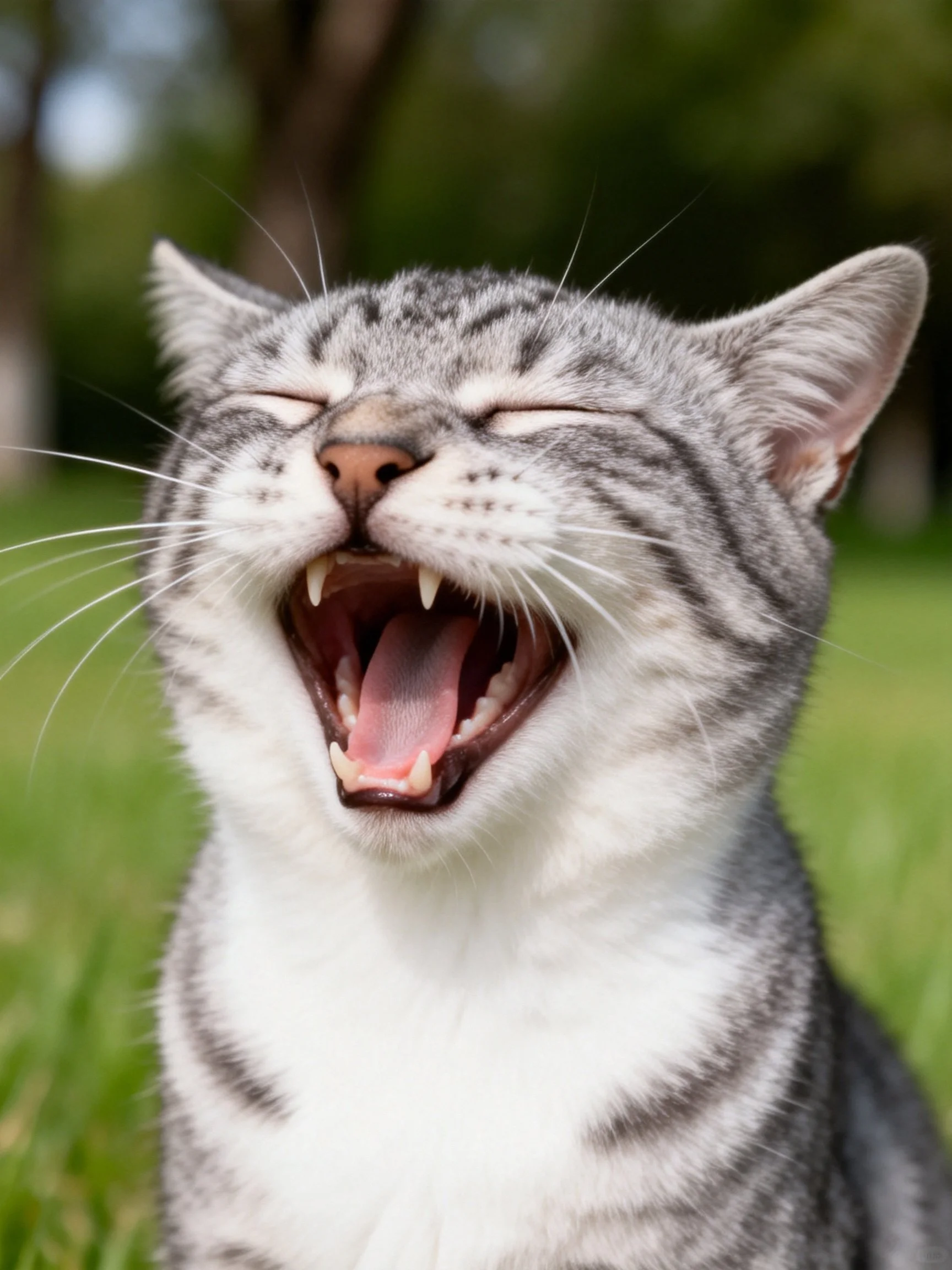 A gray tabby cat yawning with eyes closed outdoors