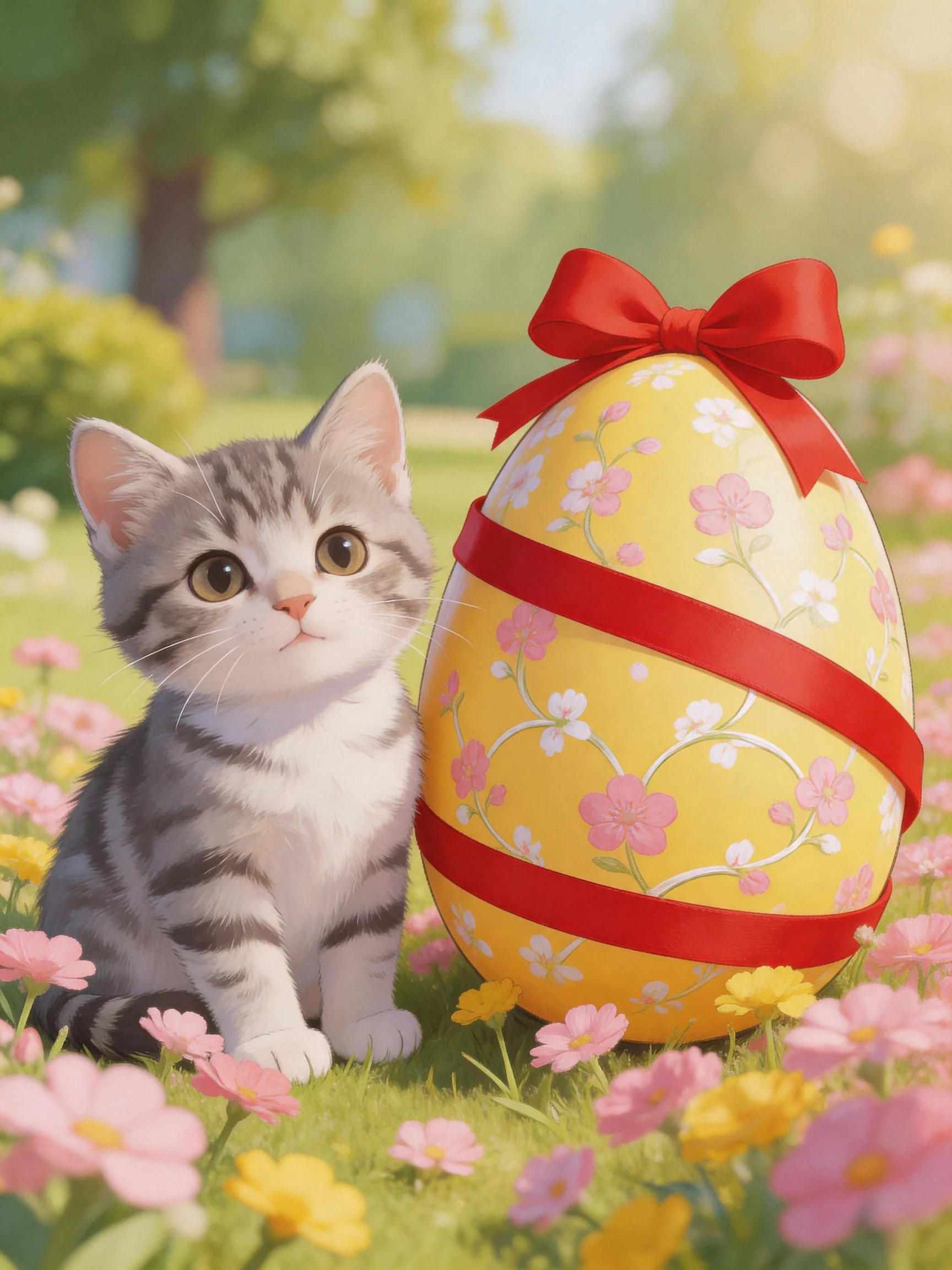 A gray tabby kitten sits near a large decorated Easter egg in a flower-filled meadow.