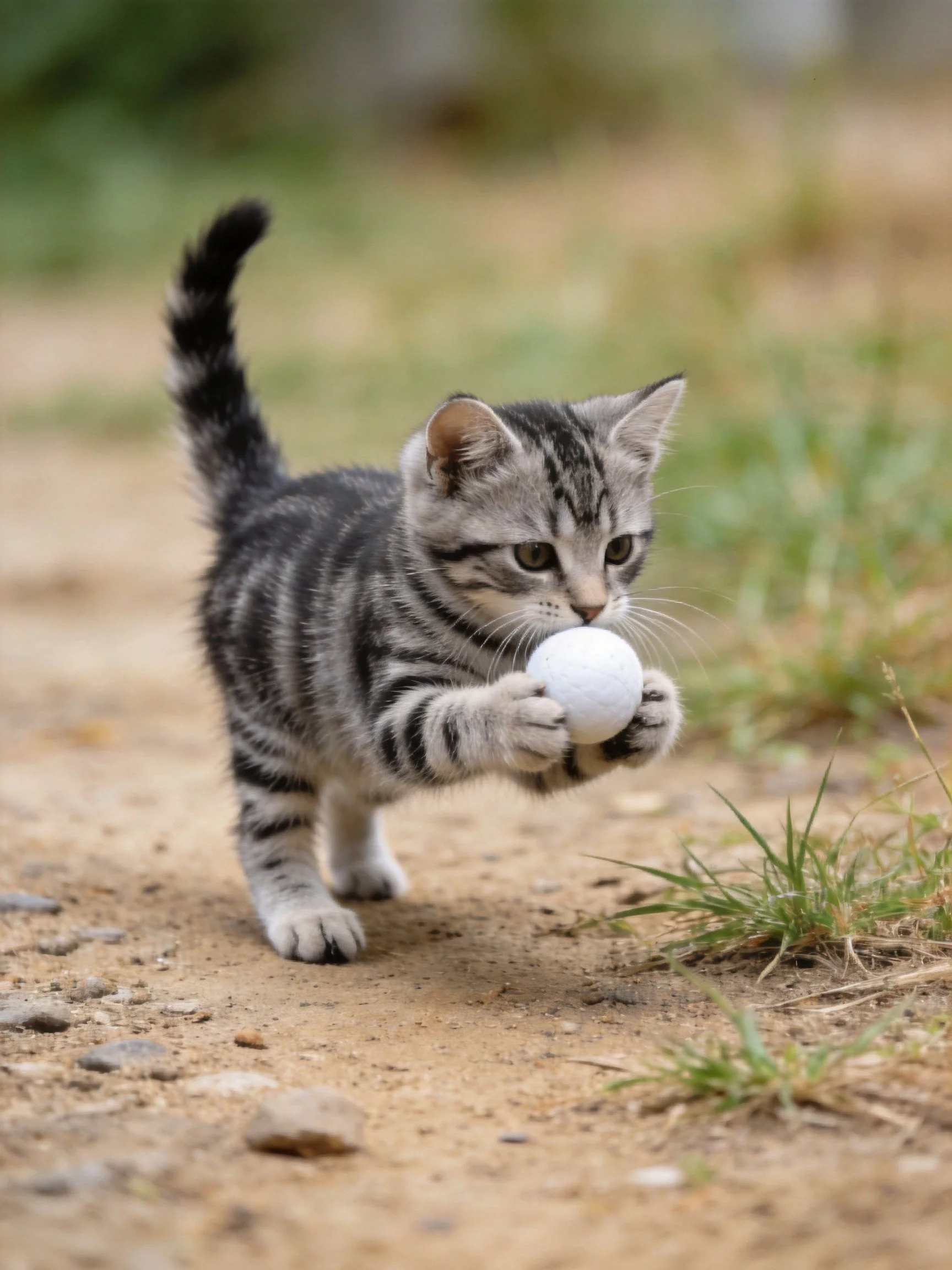A gray tabby kitten clutching a white ball on a dirt path