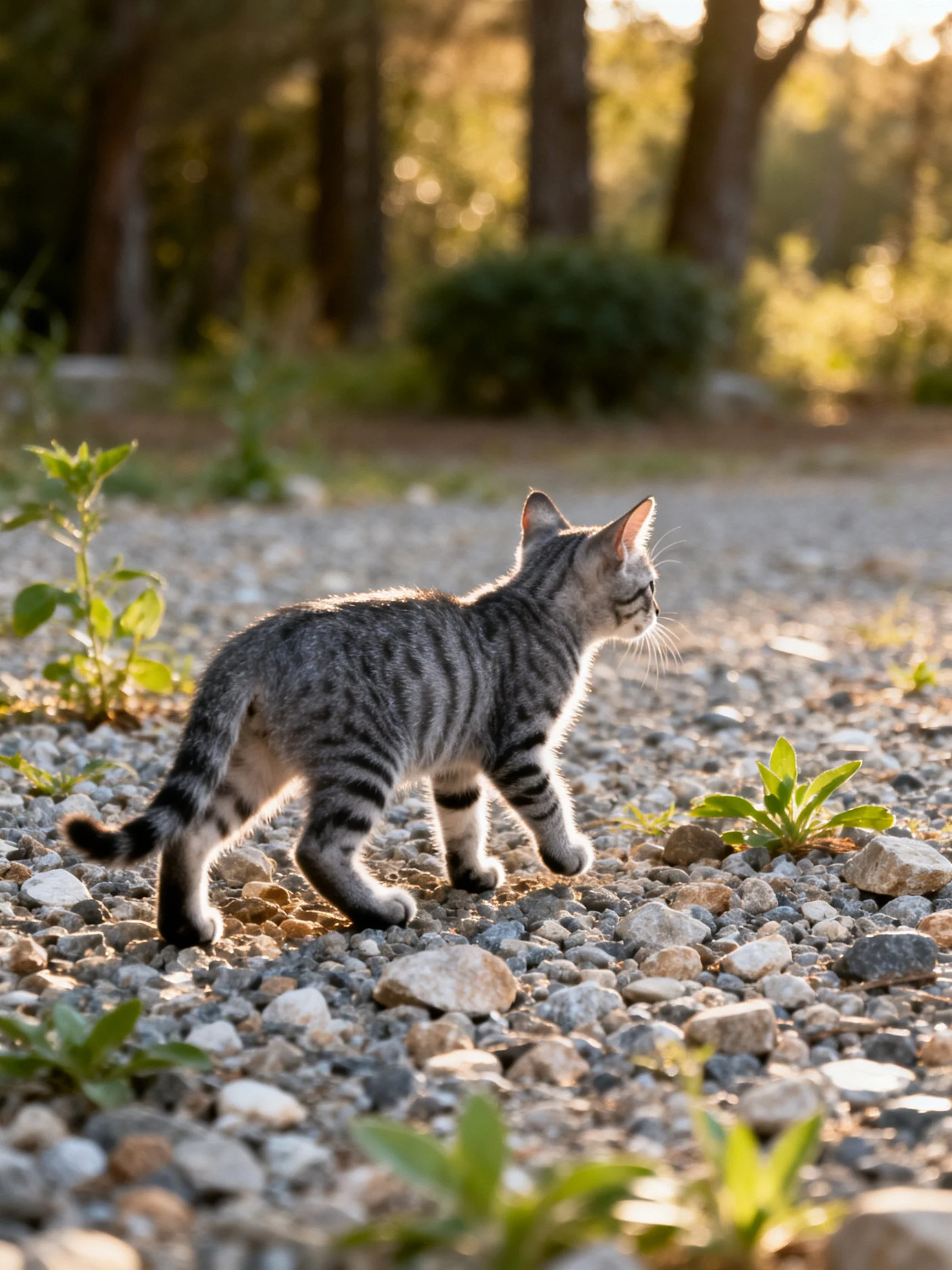A gray tabby kitten explores a gravel path near greenery and trees