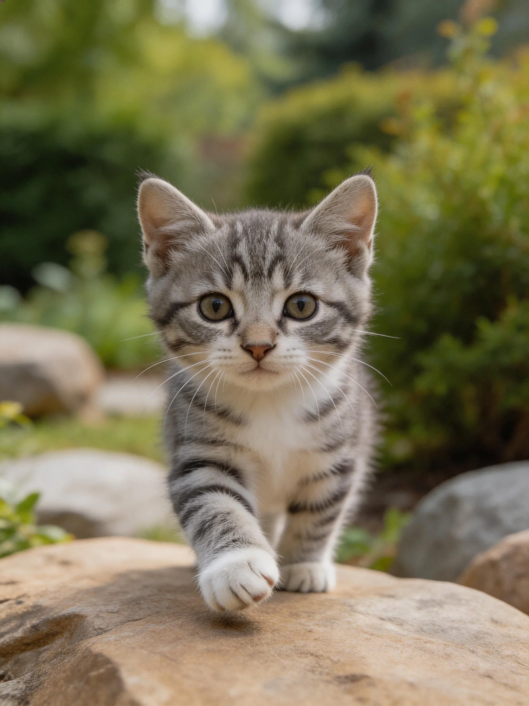 A gray tabby kitten explores rocky garden terrain