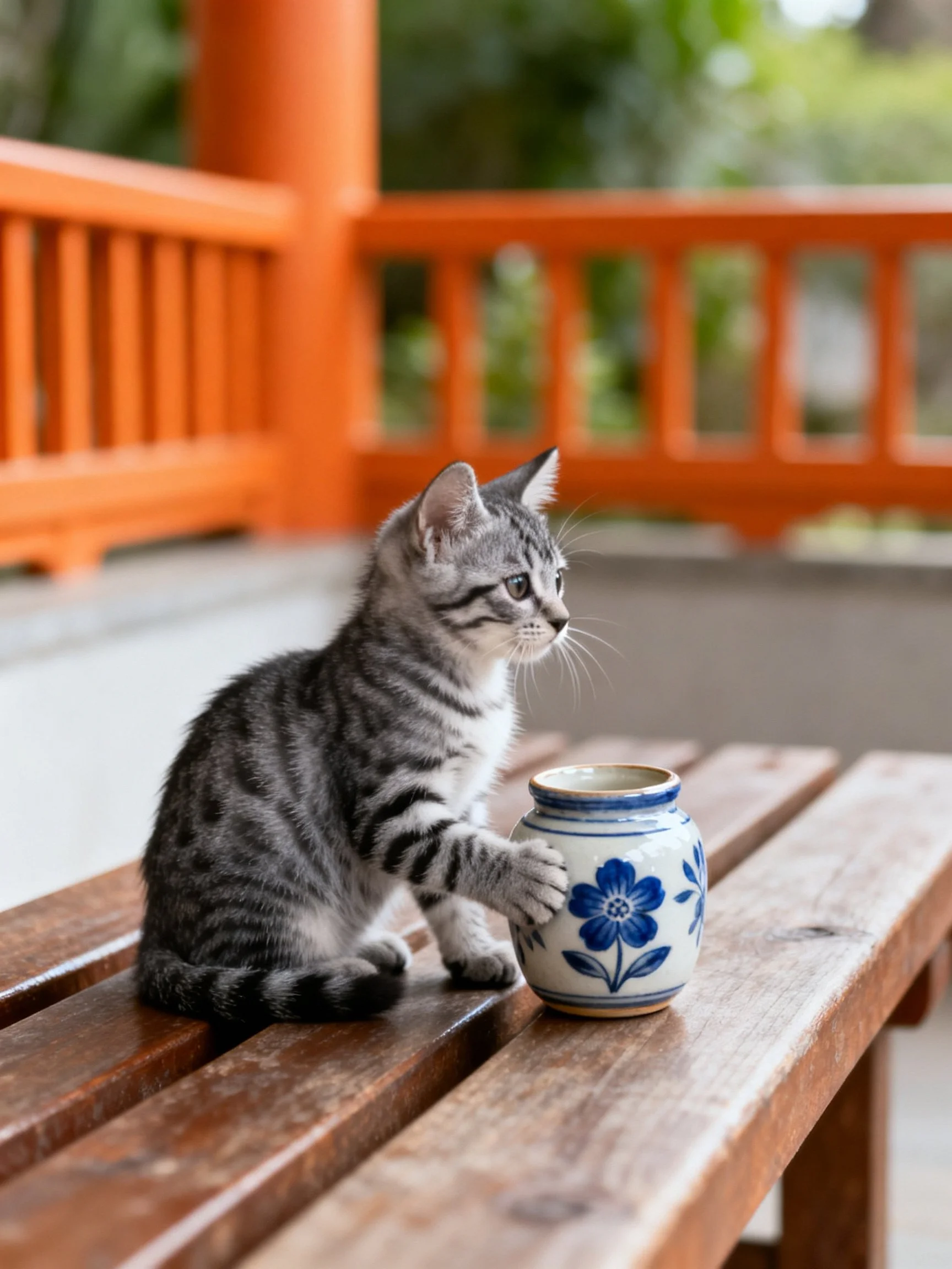 A gray tabby kitten interacts with a blue - flowered jar on a wooden bench near an orange railing