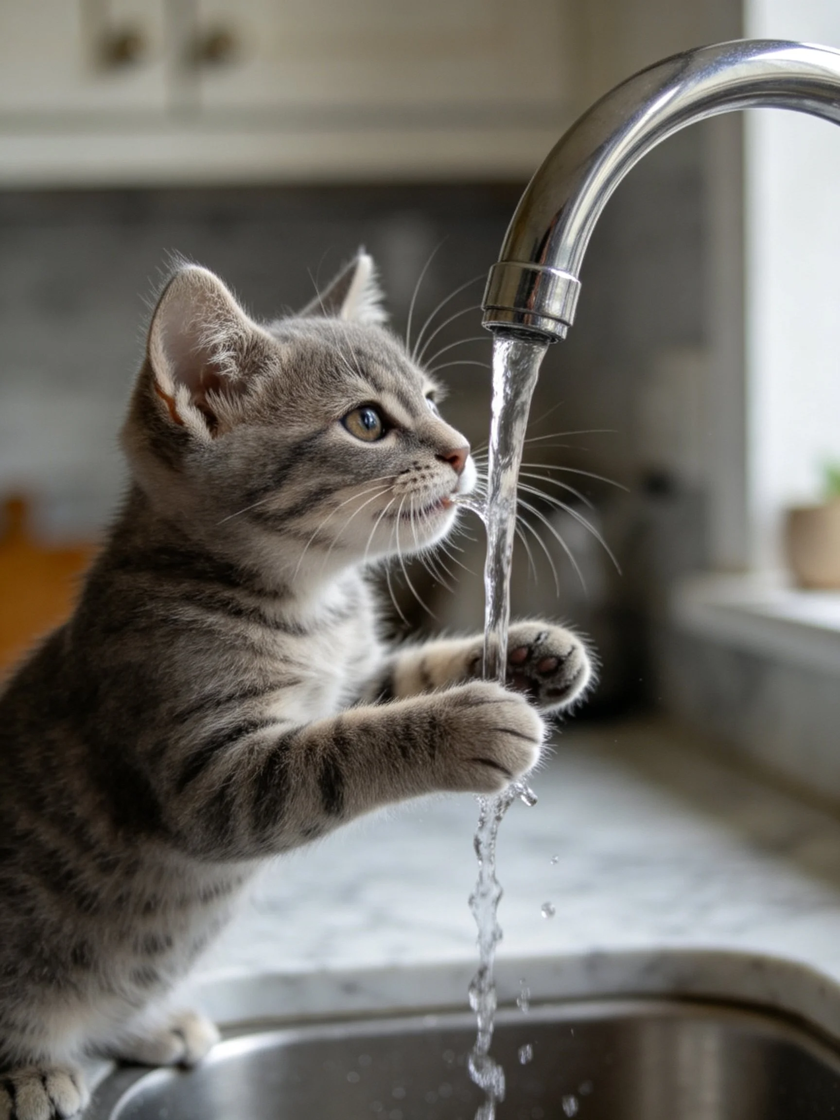 A gray tabby kitten interacts with a running kitchen faucet
