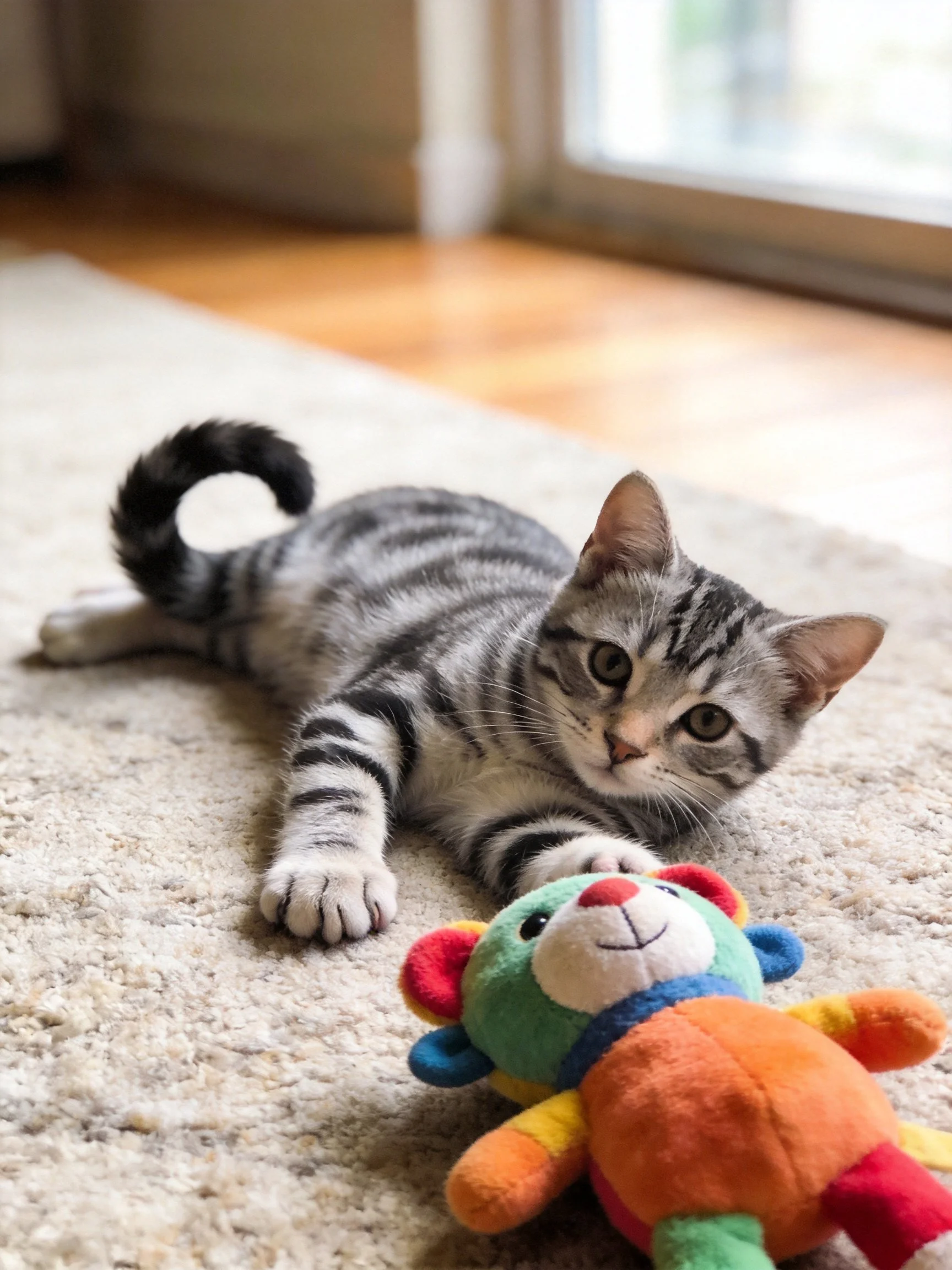 A gray tabby kitten lies beside a colorful plush toy on a carpet