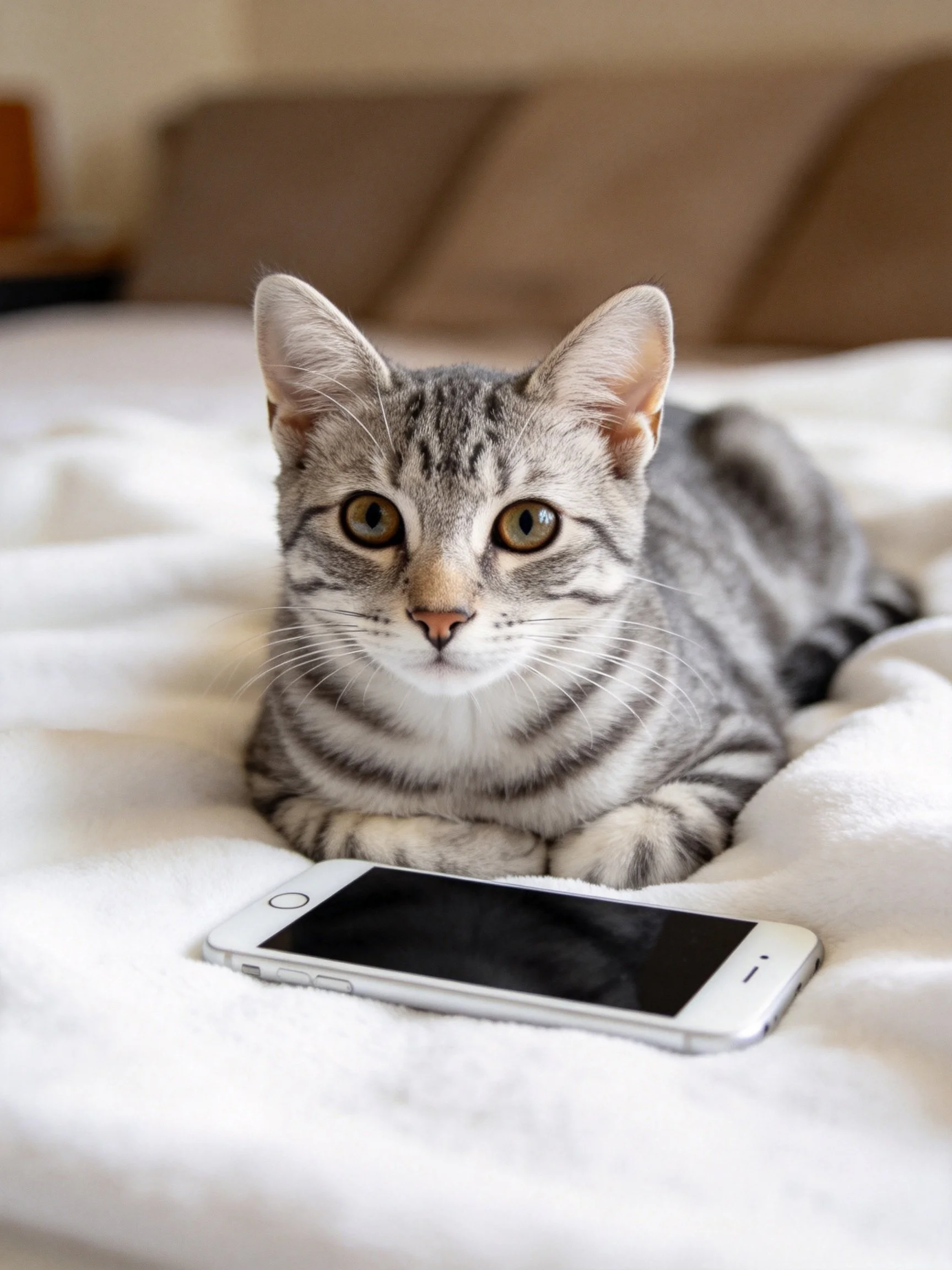 A gray tabby kitten lies on a white bed beside a silver smartphone