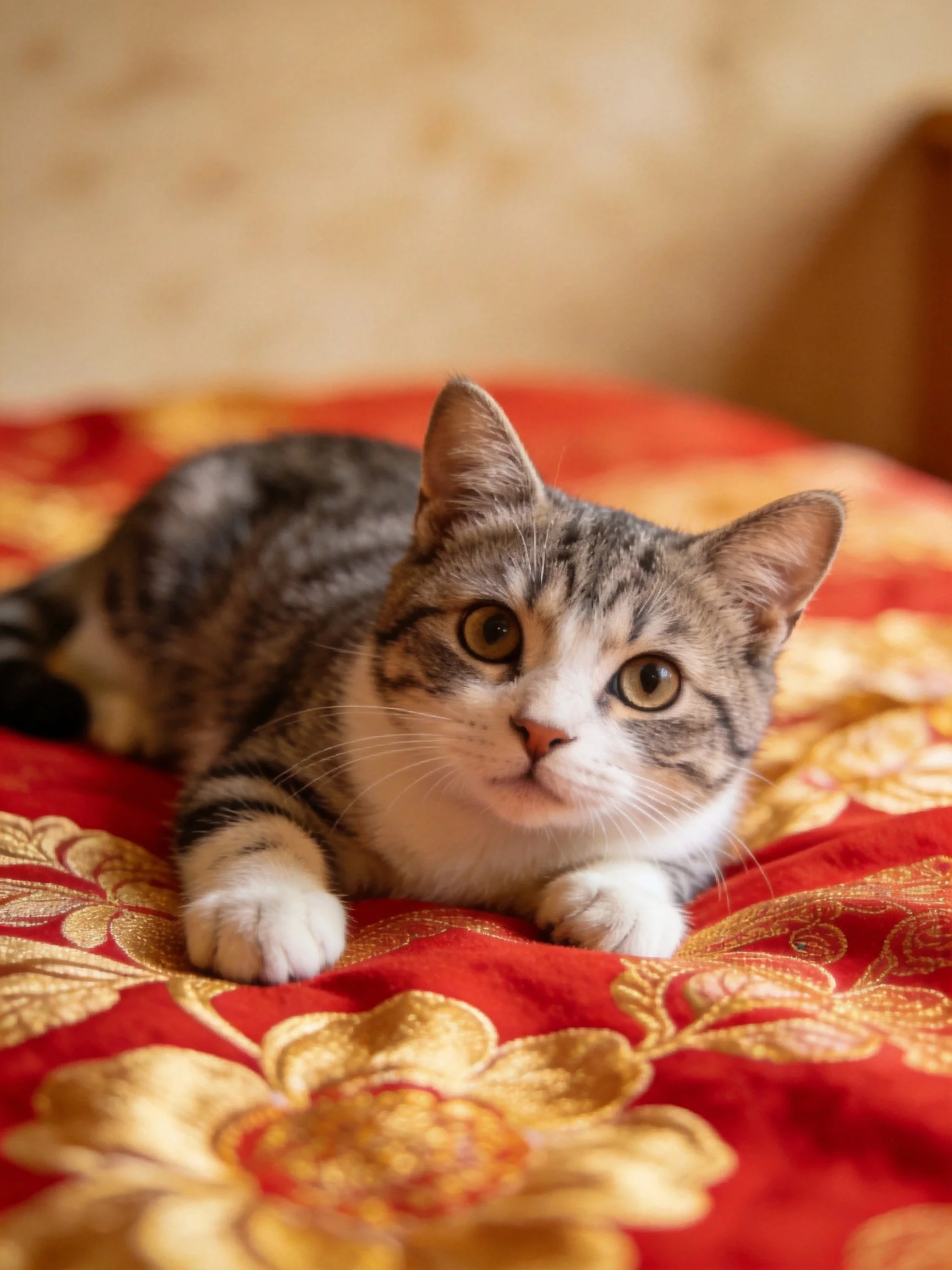 A gray tabby kitten lies on an ornate red-gold fabric