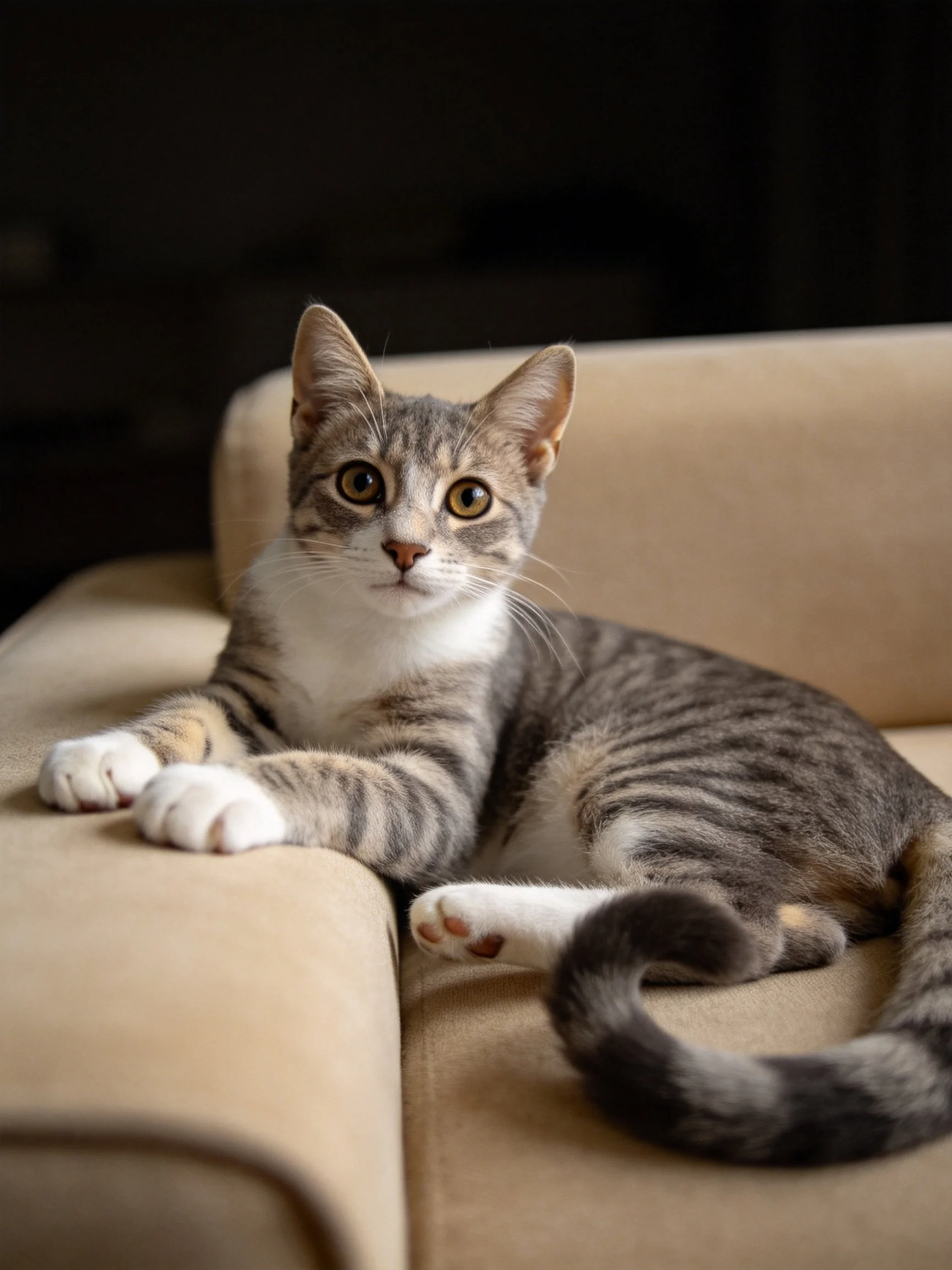 A gray tabby kitten relaxes on a beige sofa.