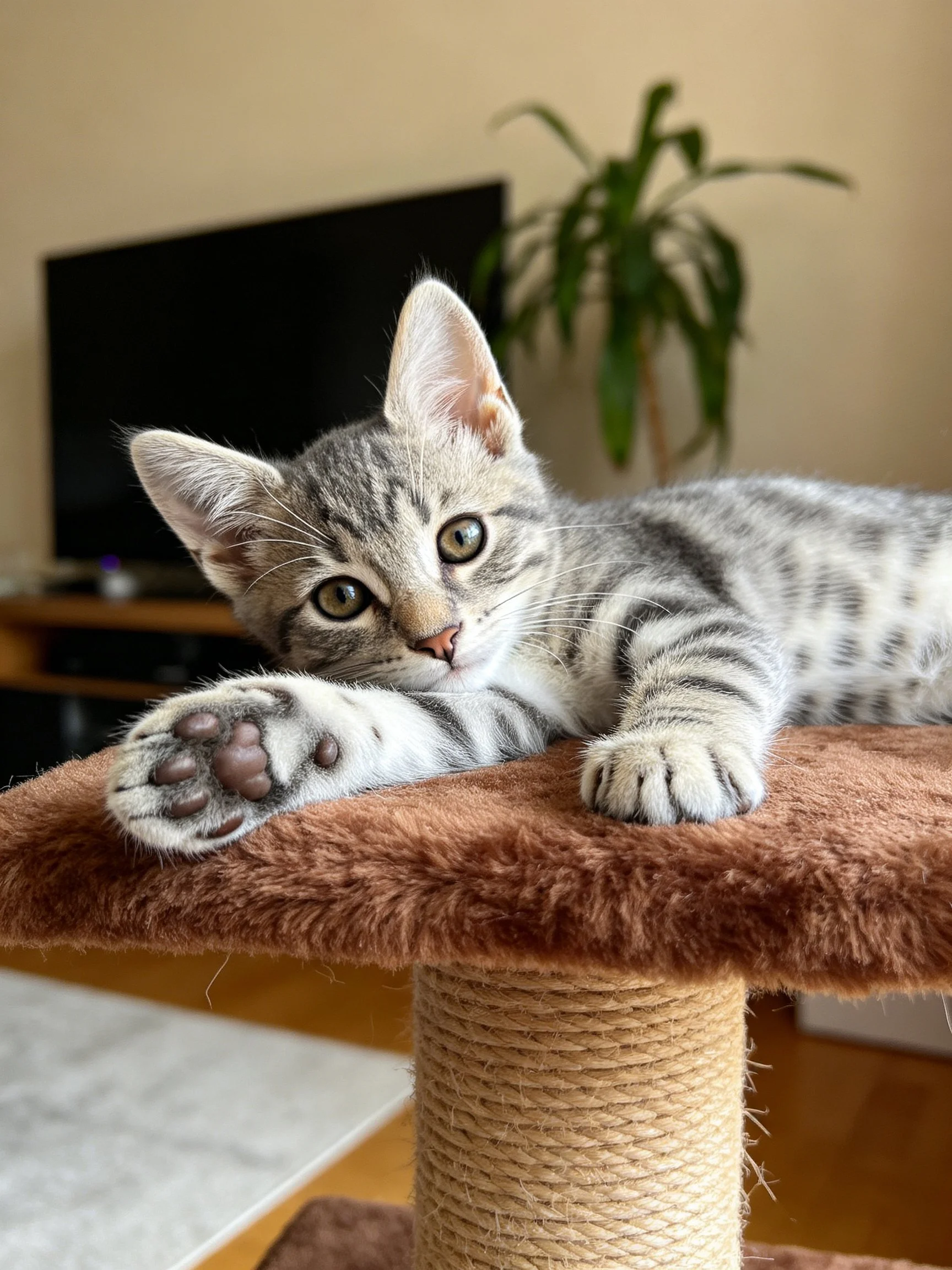 A gray tabby kitten lounges on a brown cat tree near a TV