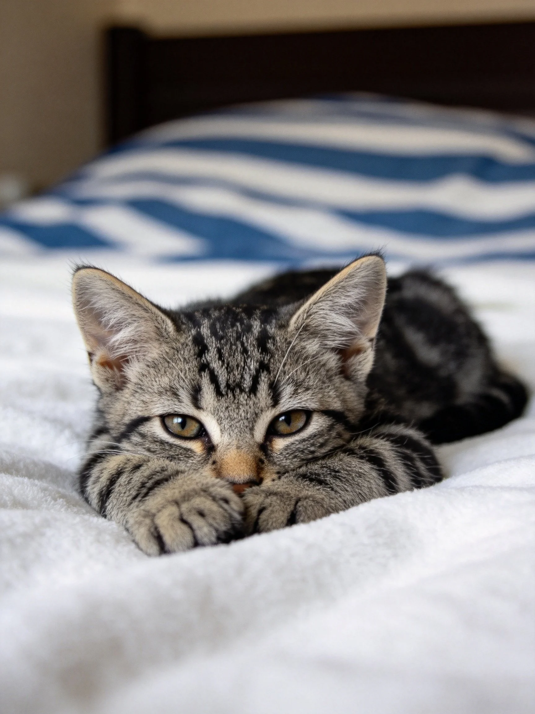 A gray tabby kitten relaxes on a bed with blue and white bedding