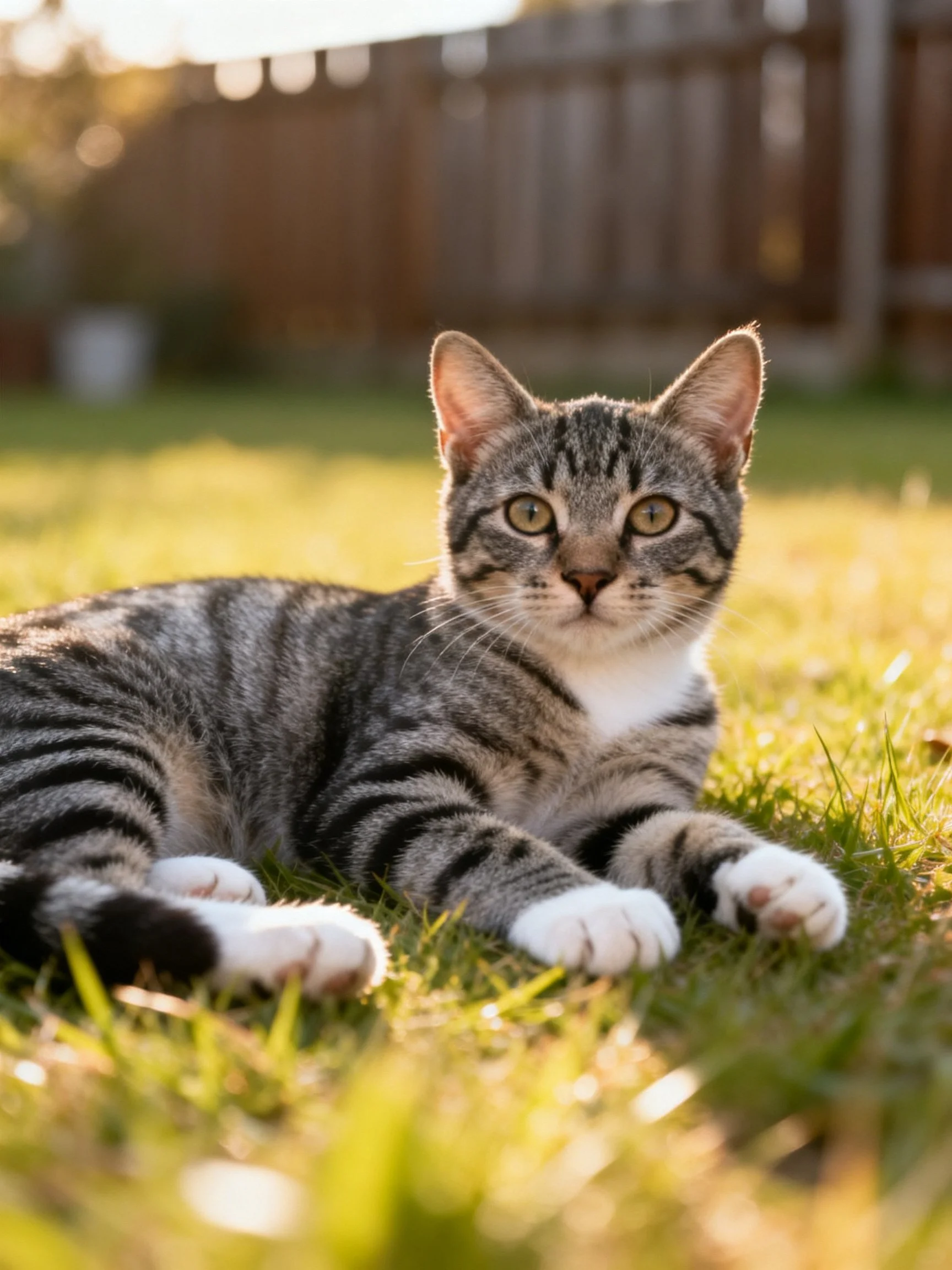 A gray tabby kitten lounges on sunlit grass beside a wooden fence