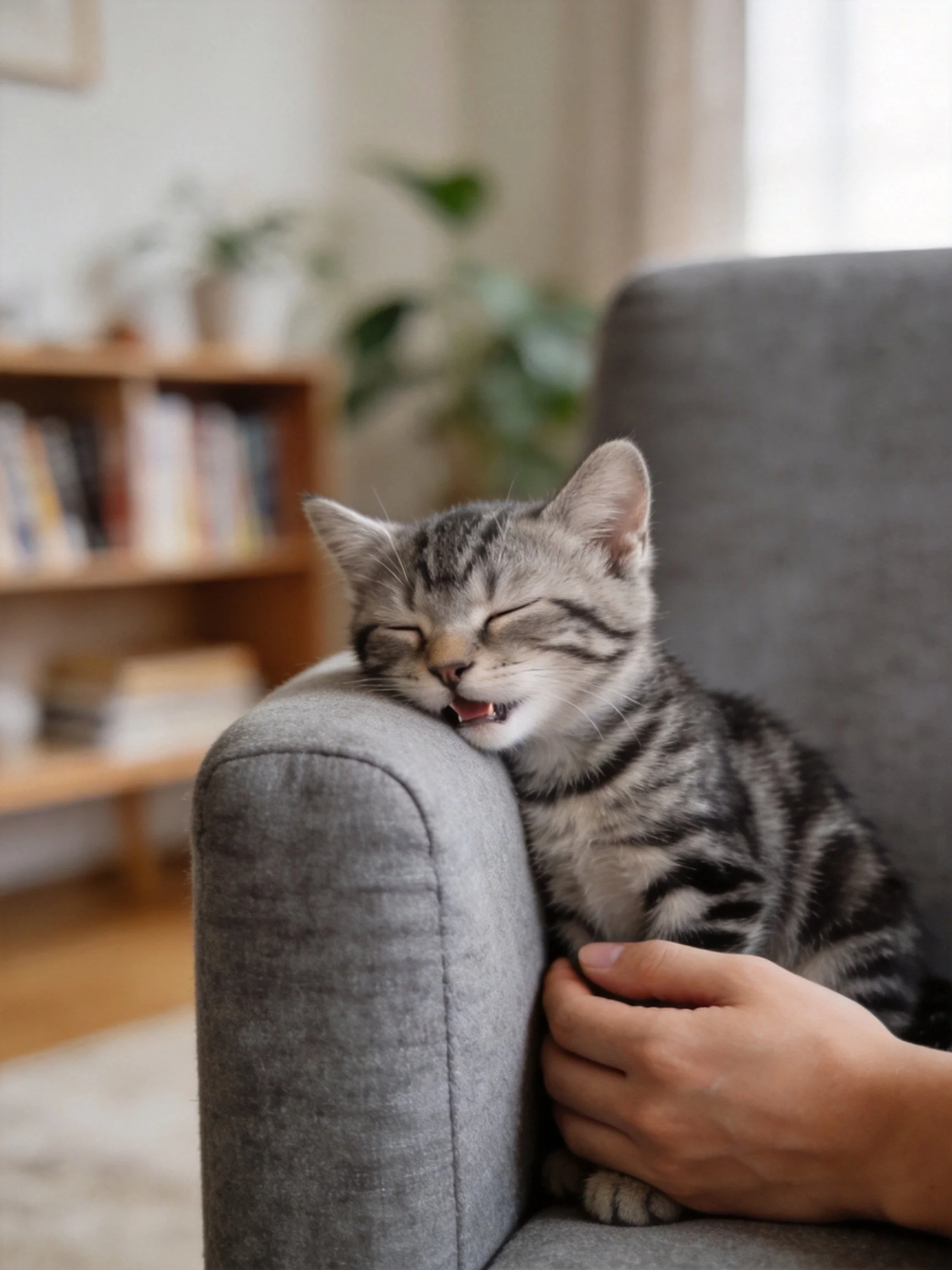 A gray tabby kitten naps on a gray sofa armrest with a hand nearby