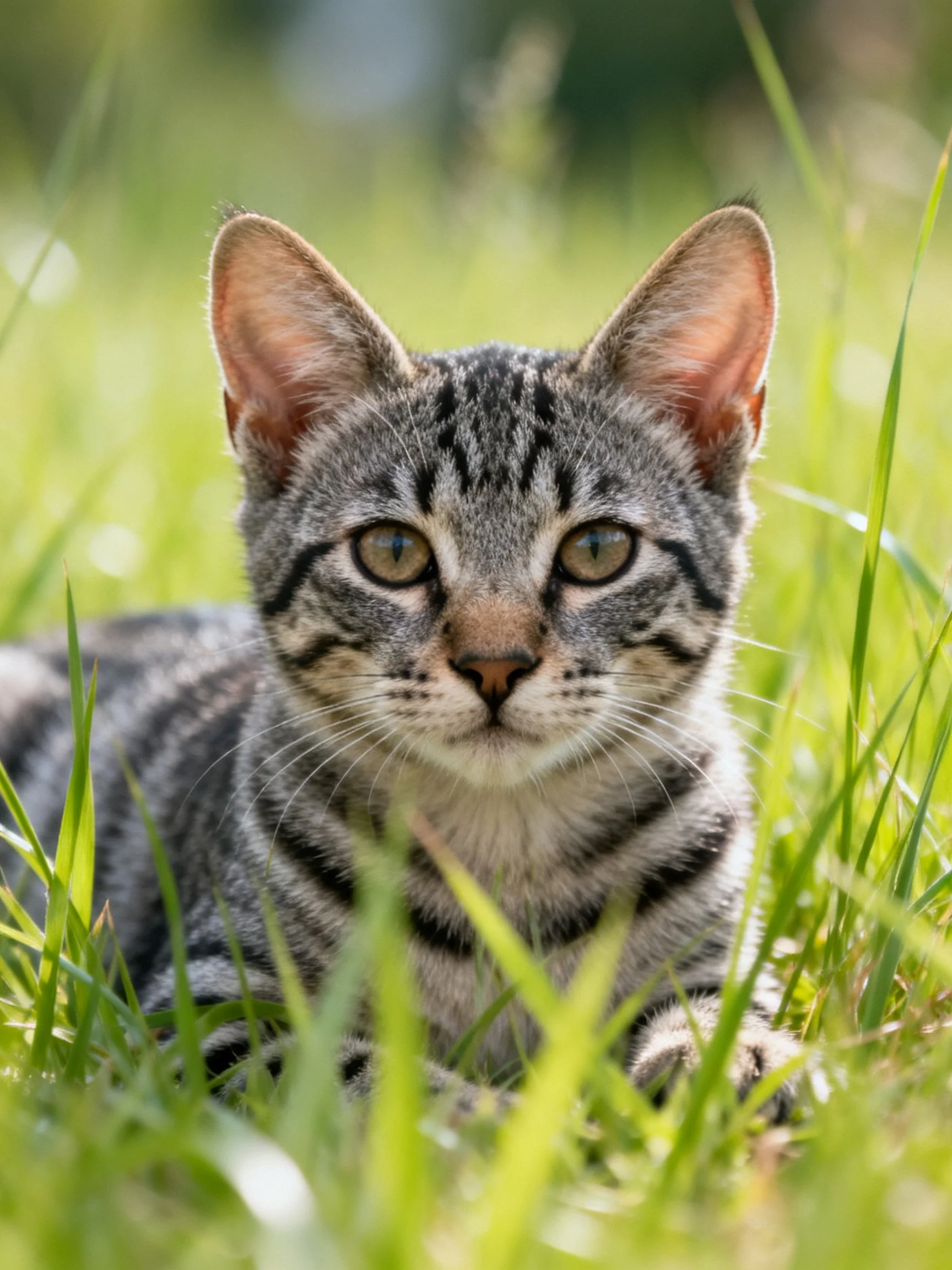 A gray-tabby kitten nestled in vibrant green grass