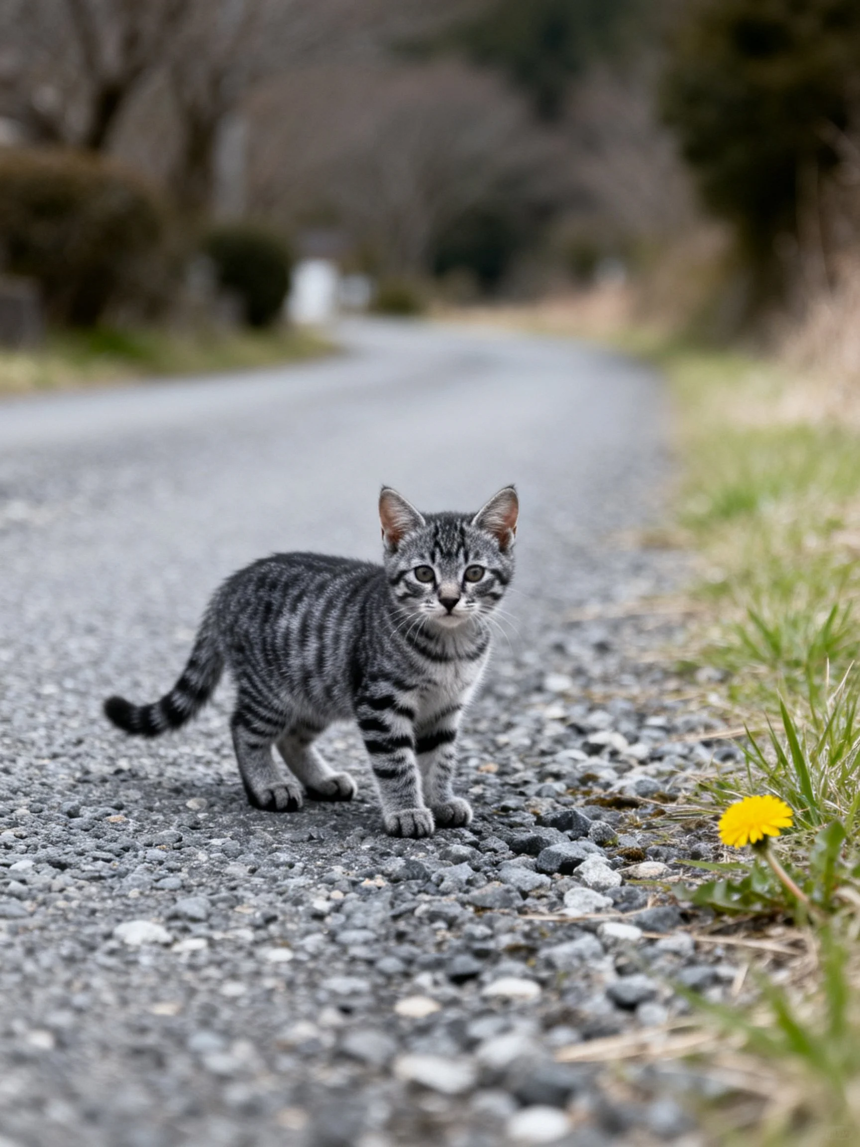 A gray tabby kitten on a gravel road near a yellow flower