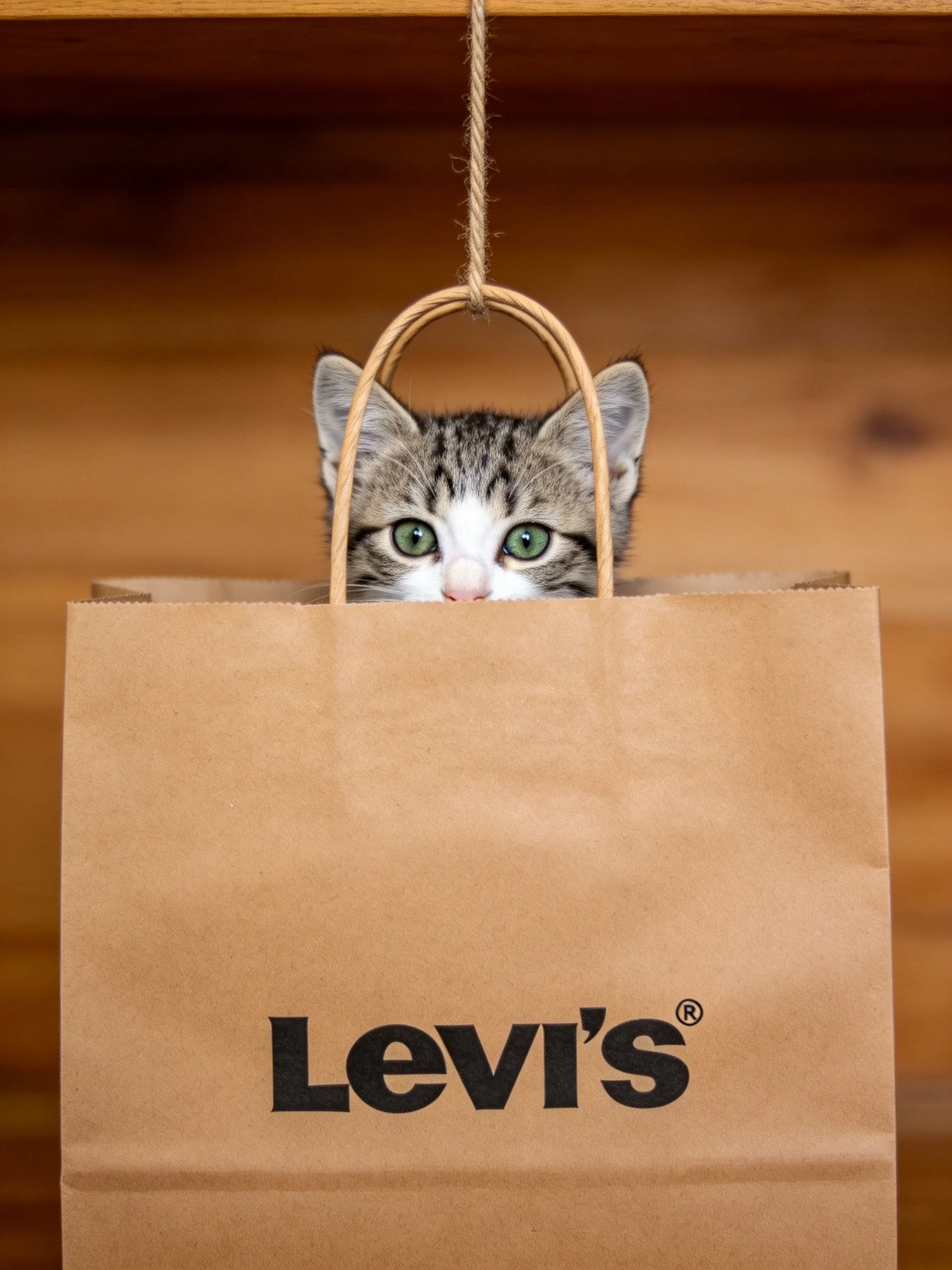 A gray tabby kitten peeks from a brown Levis shopping bag