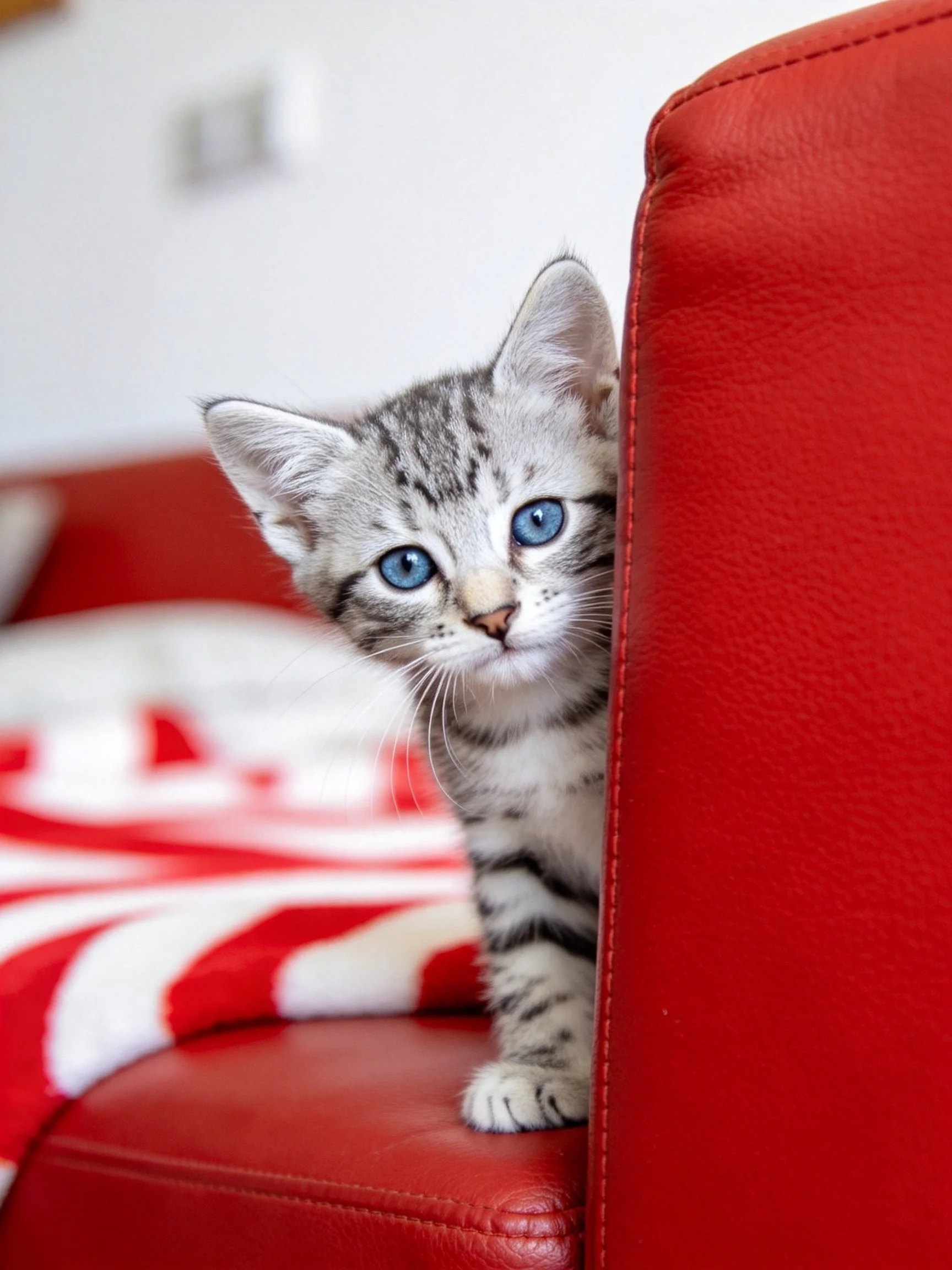 A gray tabby kitten peeks from behind a vibrant red leather couch
