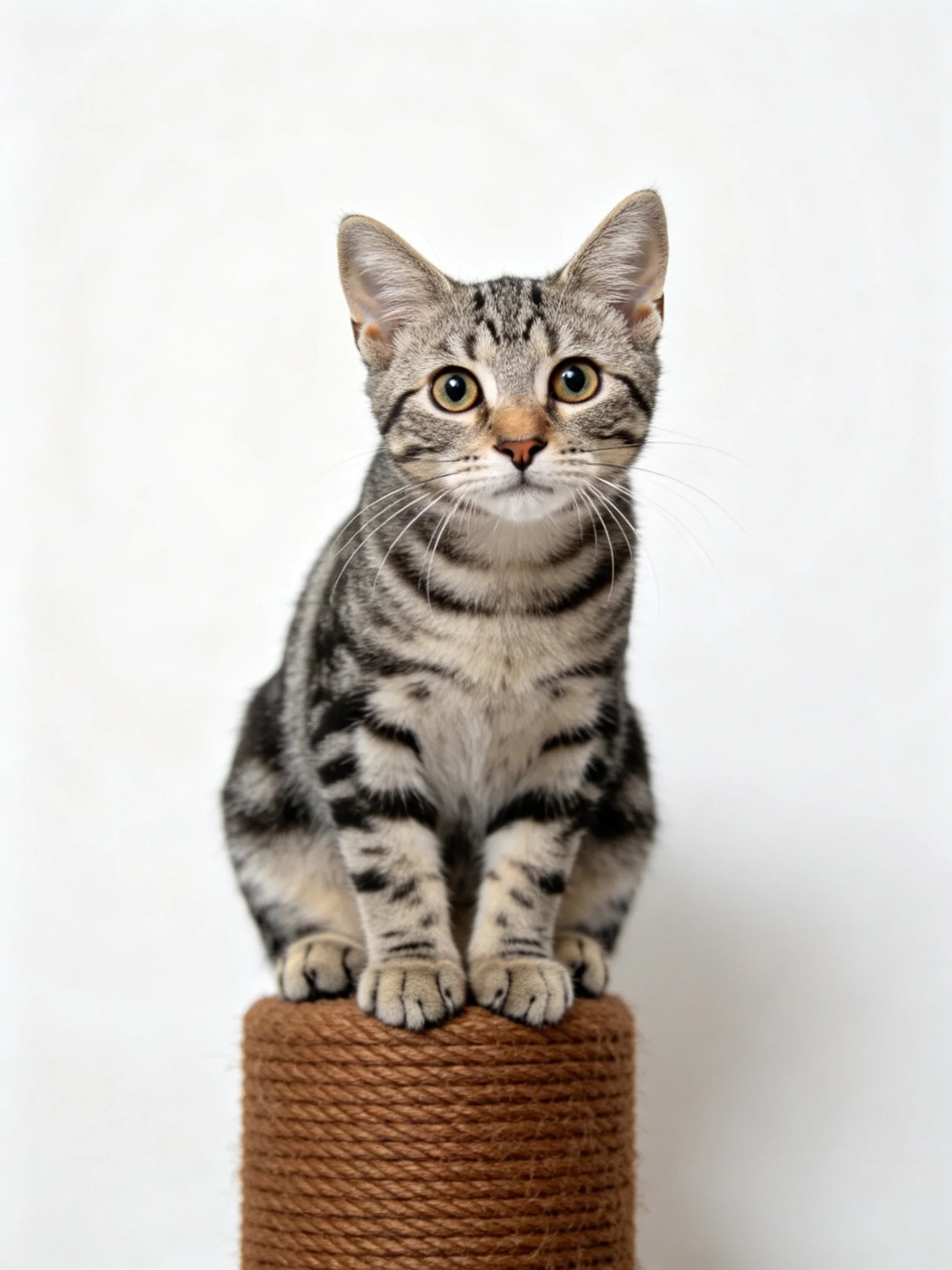 A gray tabby kitten sits atop a brown rope post against a plain white backdrop.