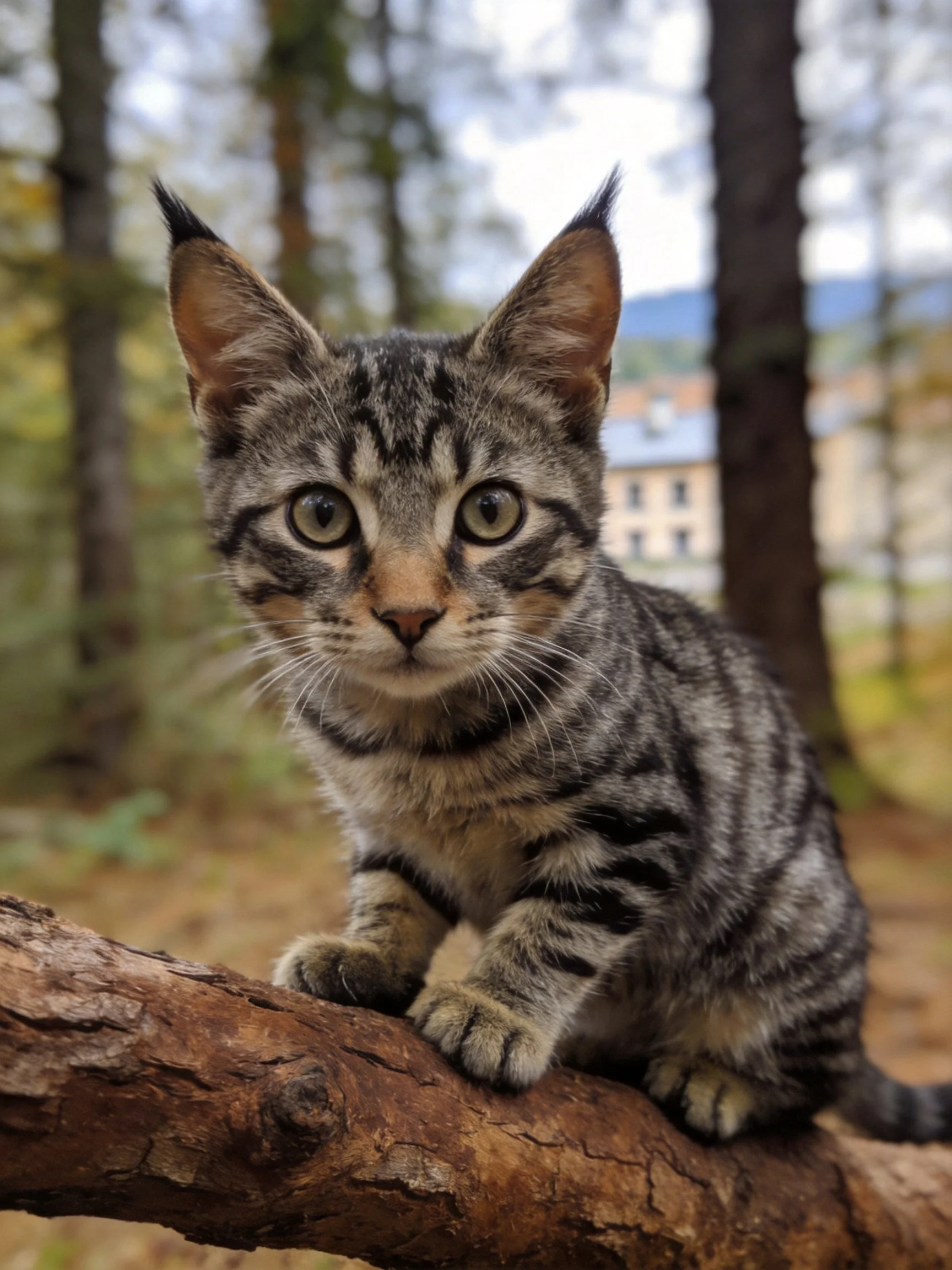 A gray tabby kitten perched on a textured tree branch