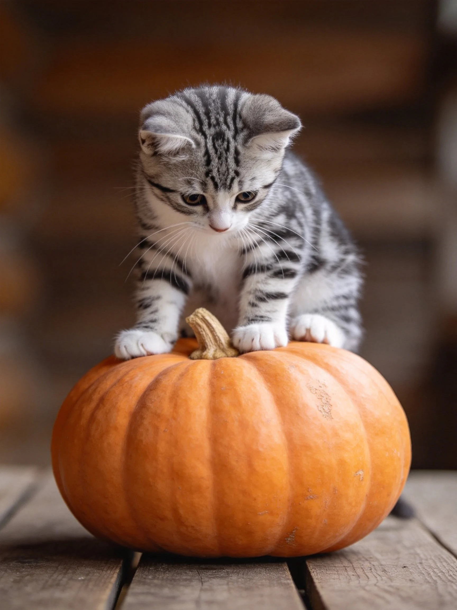 A gray tabby kitten sits atop an orange pumpkin on a wooden surface.