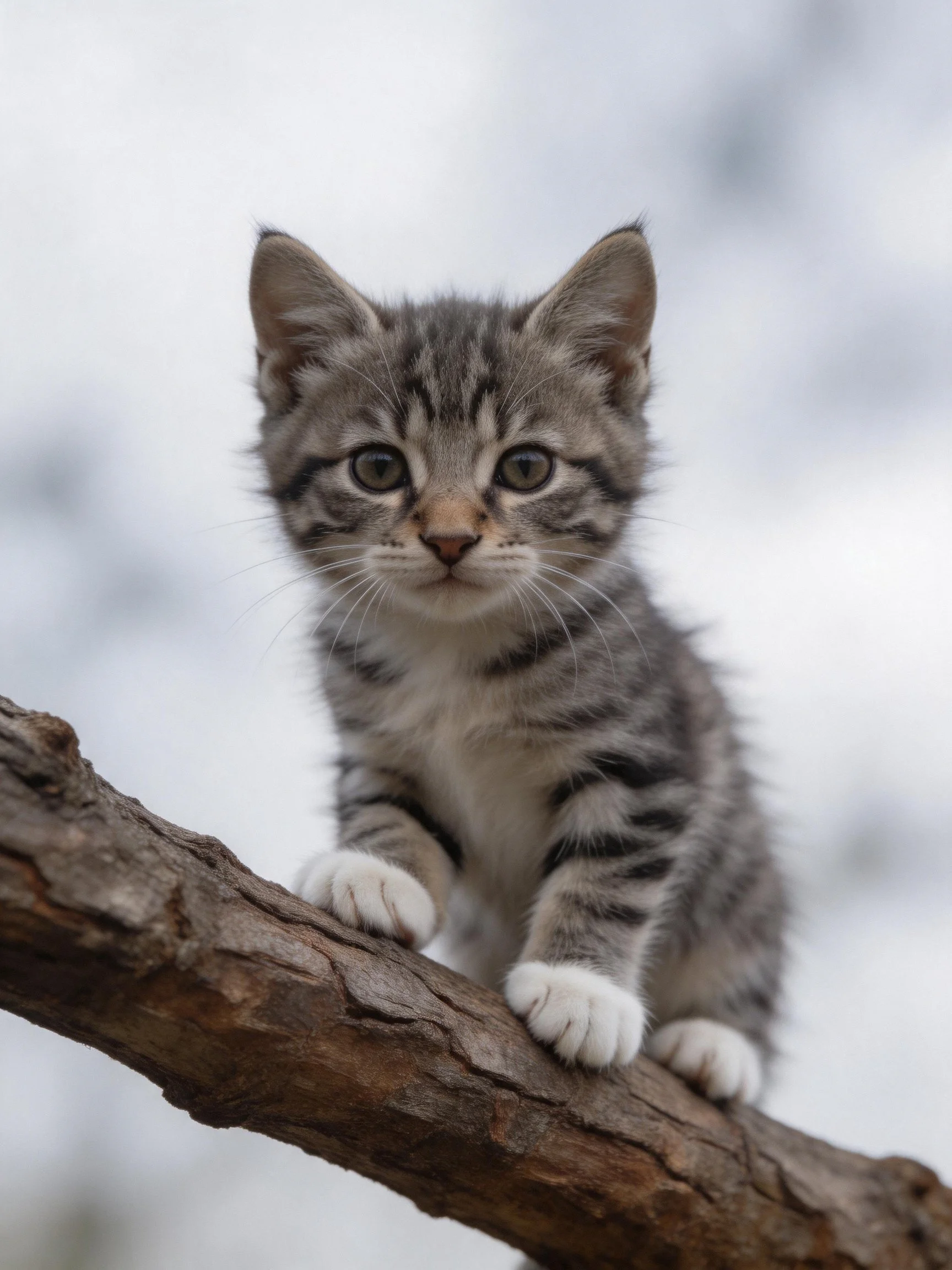 A gray tabby kitten perches on a thick brown tree branch