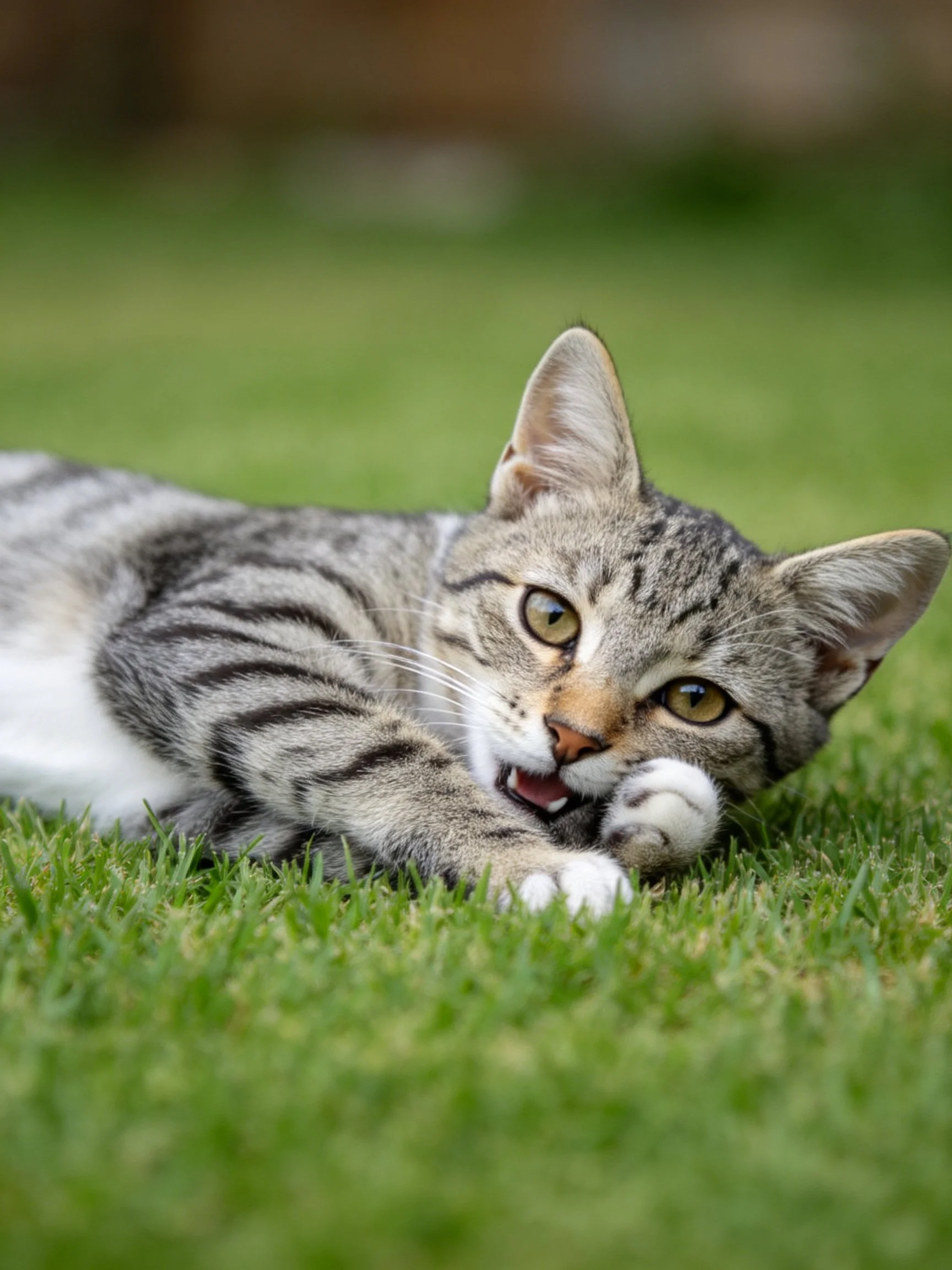 A gray tabby kitten plays on bright green grass