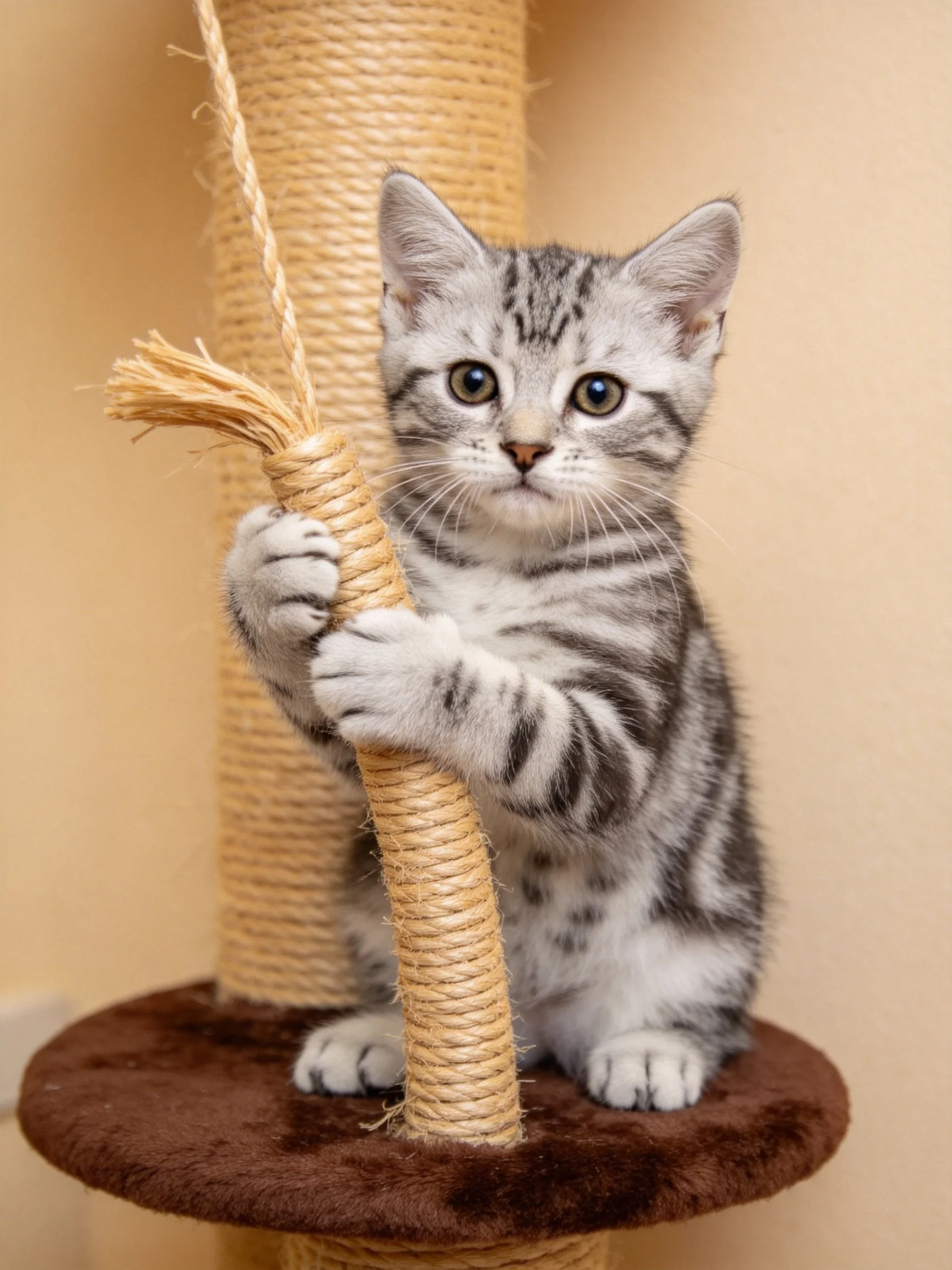 A gray tabby kitten grips a rope-wrapped scratching post