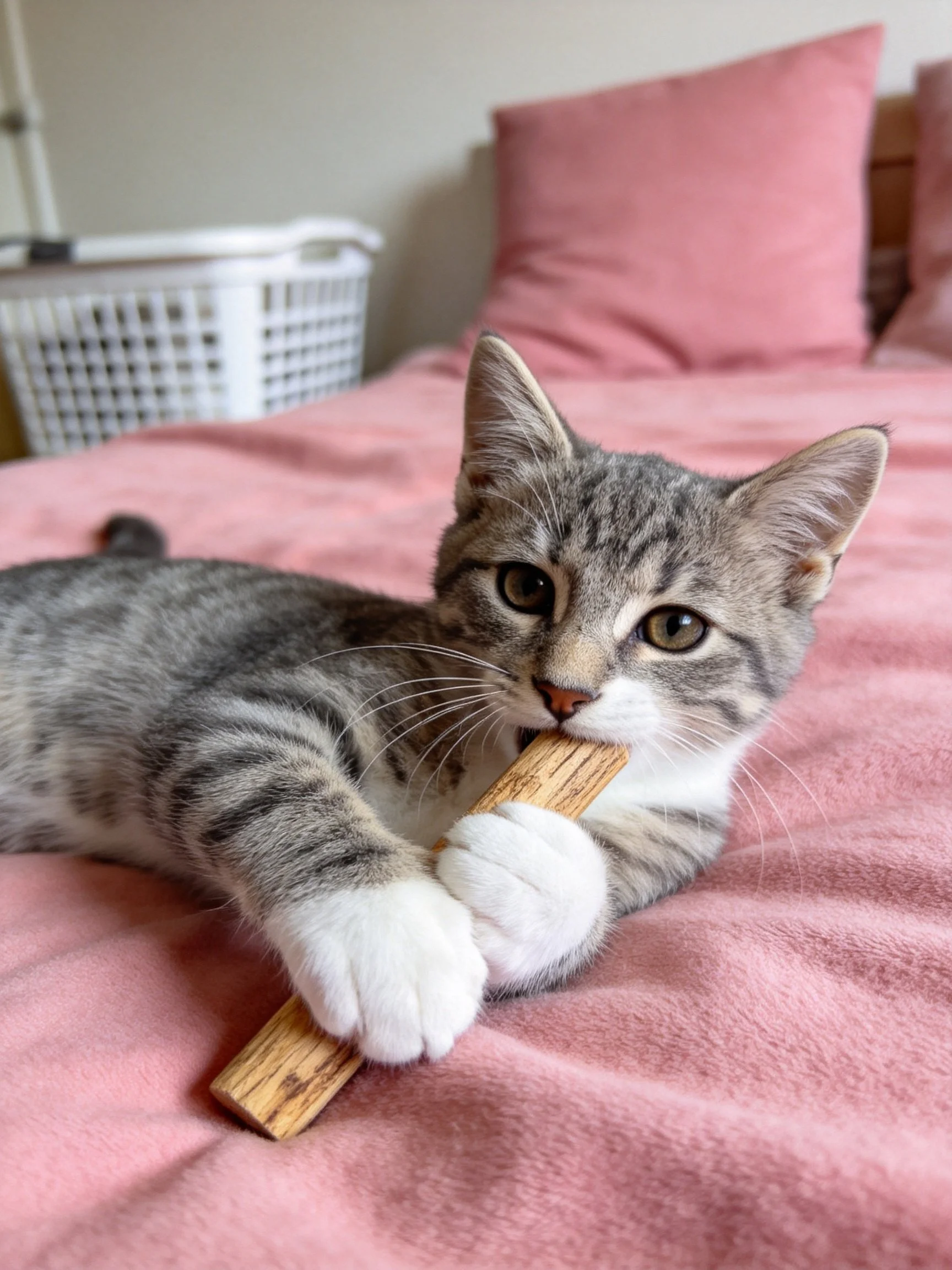 A gray tabby kitten plays with a wooden toy on a pink bedspread