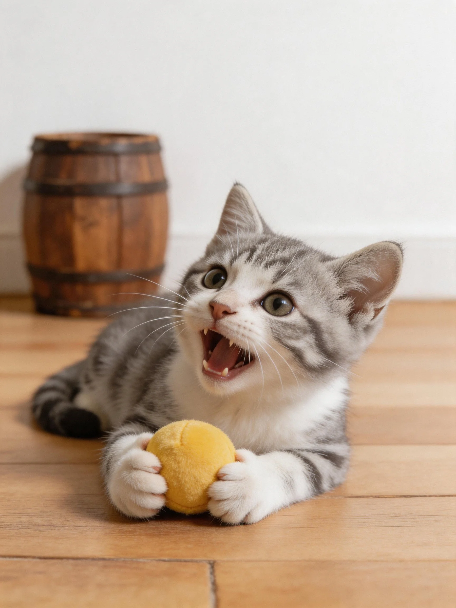 A gray tabby kitten plays with a yellow toy on a wooden floor near a barrel