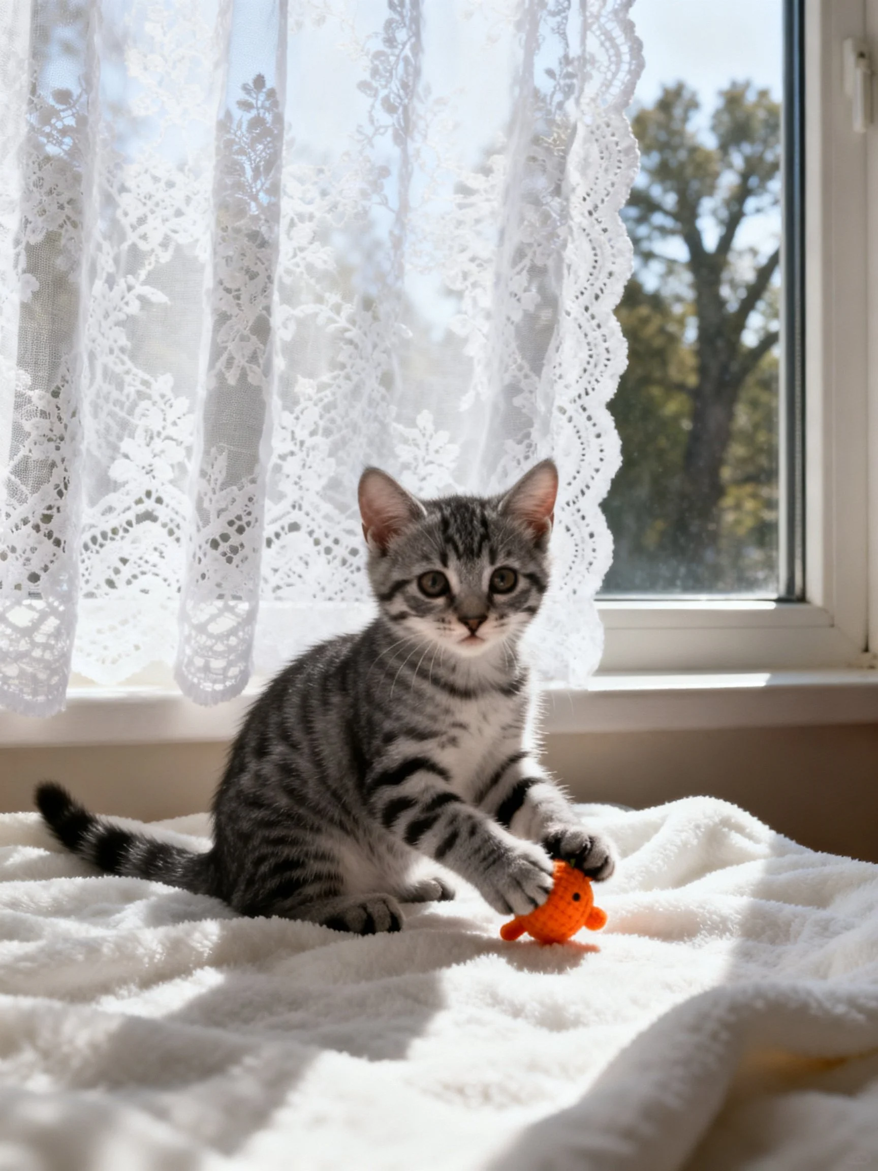 A gray tabby kitten plays with an orange toy near a lace-draped window