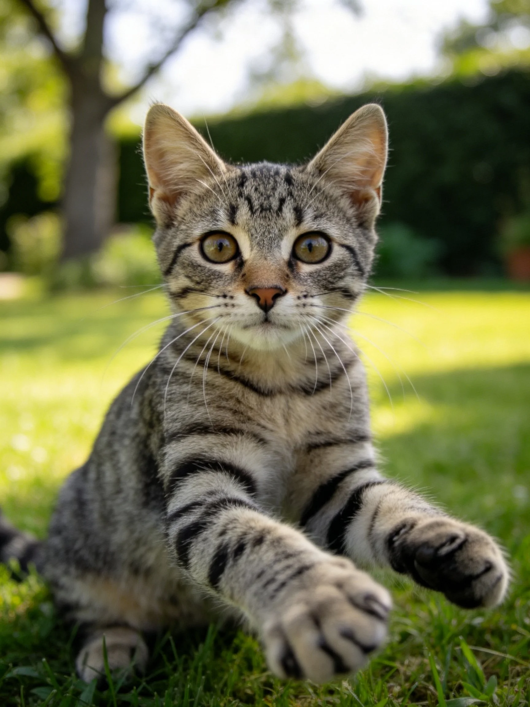 A gray tabby kitten extends its paws toward the viewer on grass in a sunny outdoor setting.