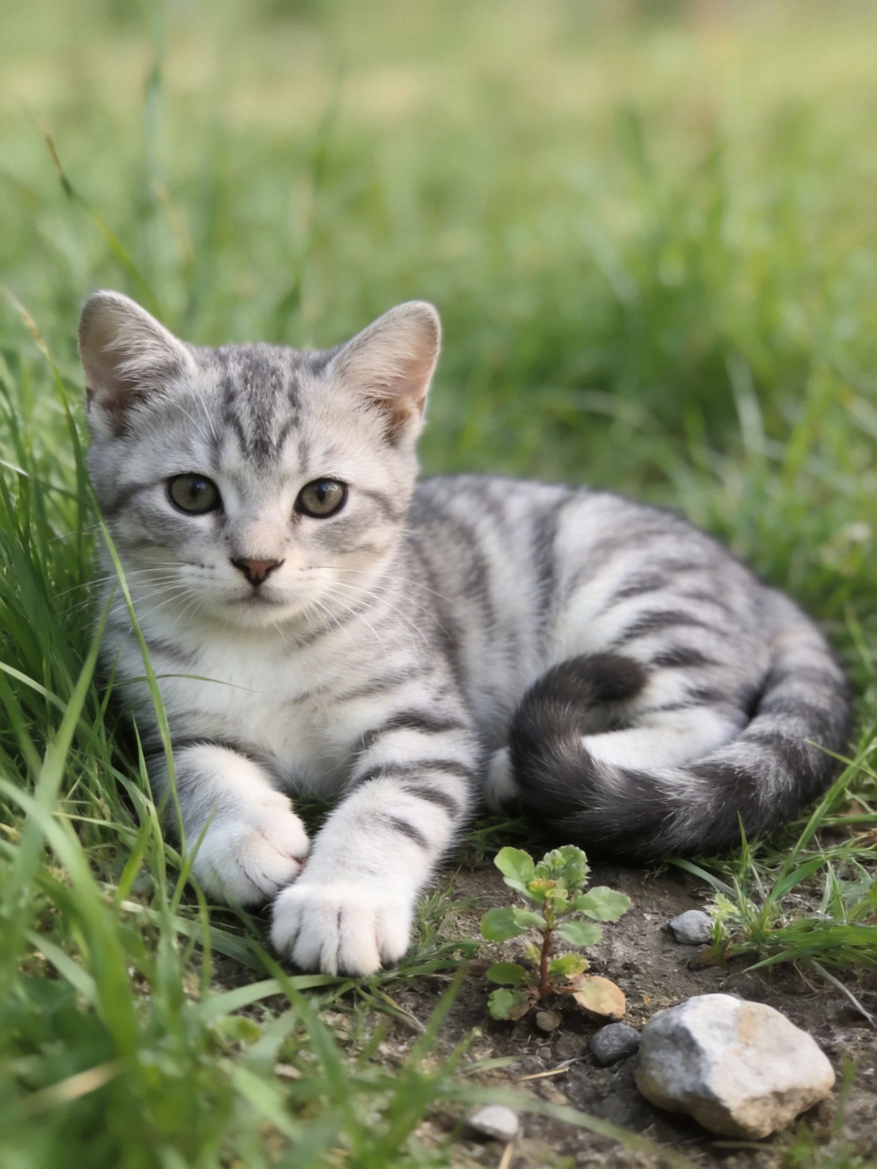 A gray tabby kitten lies calmly among tall green grass.