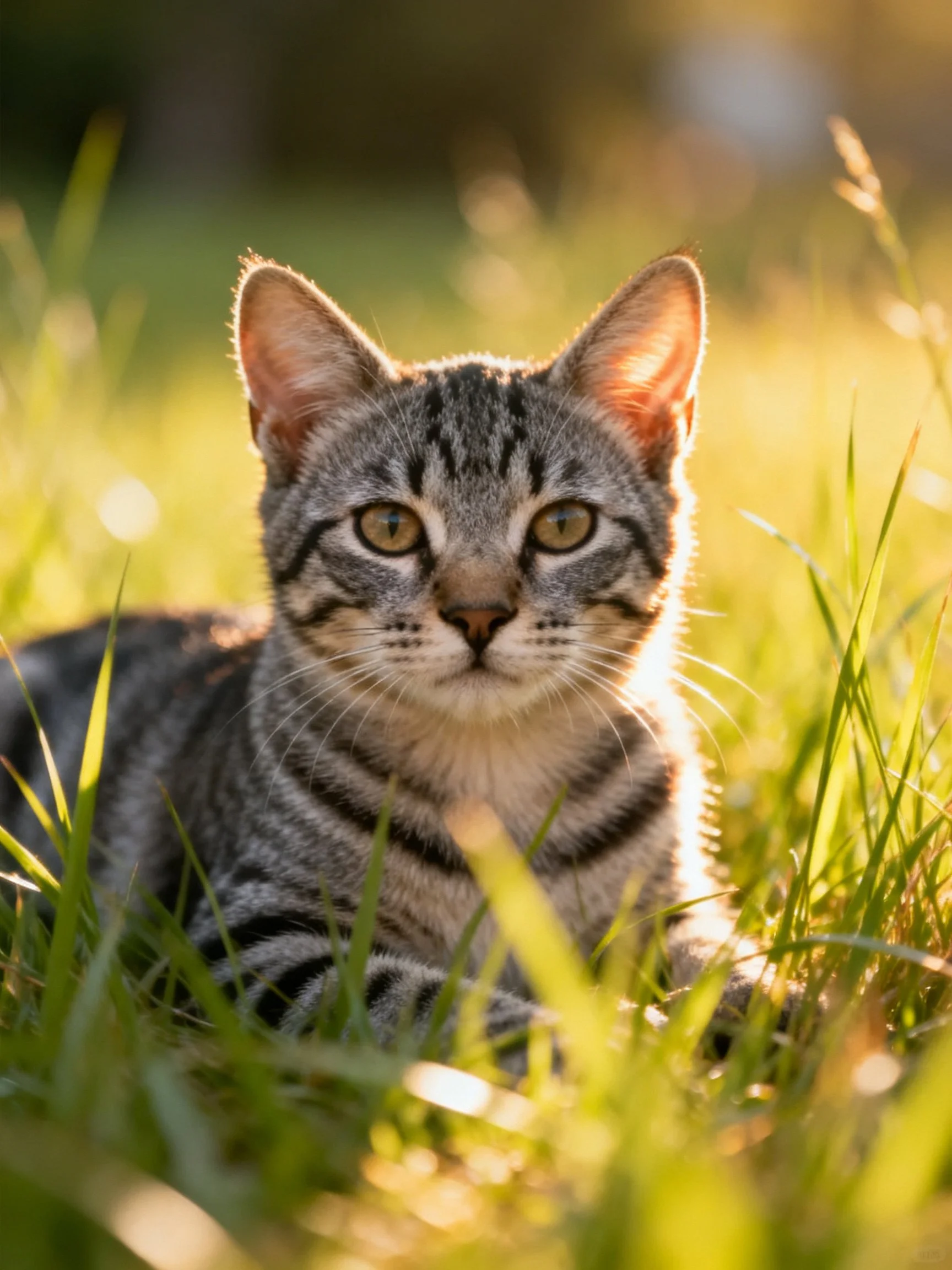 A gray tabby kitten resting in sunlit green grass