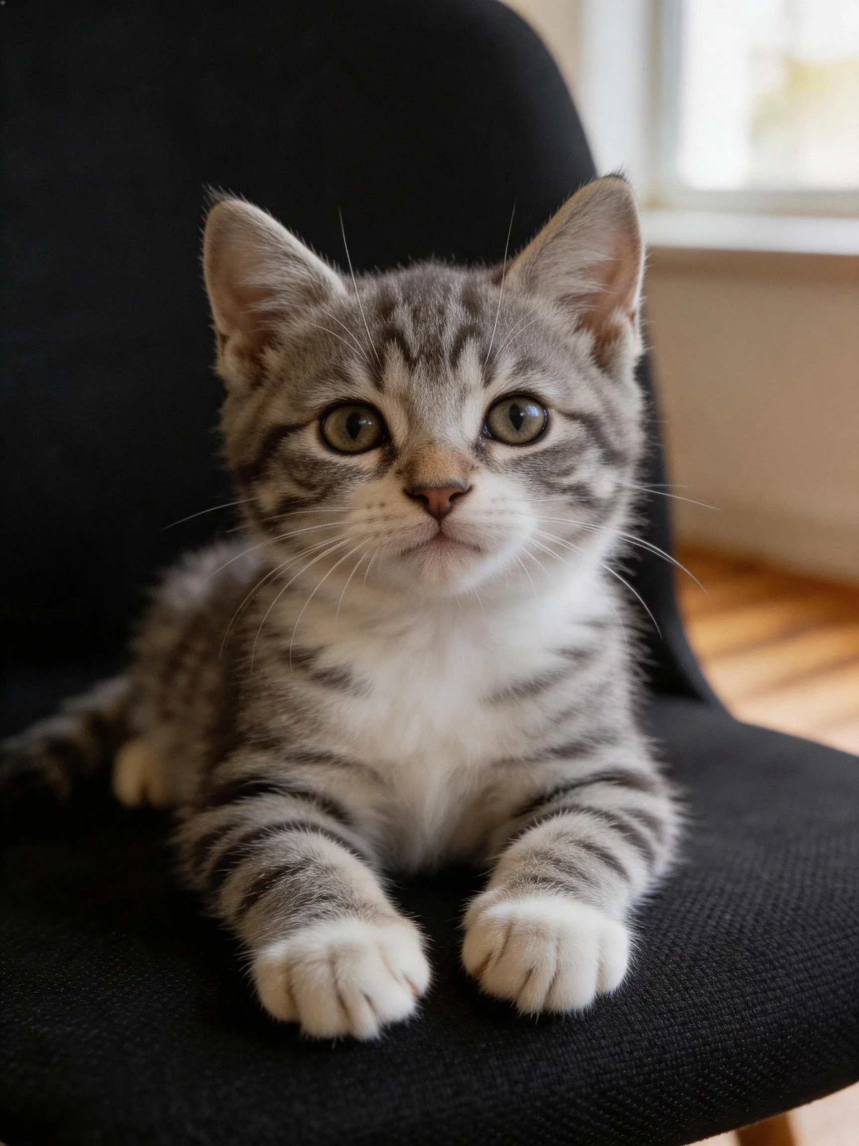 A gray tabby kitten sits calmly on a black chair near a bright window.