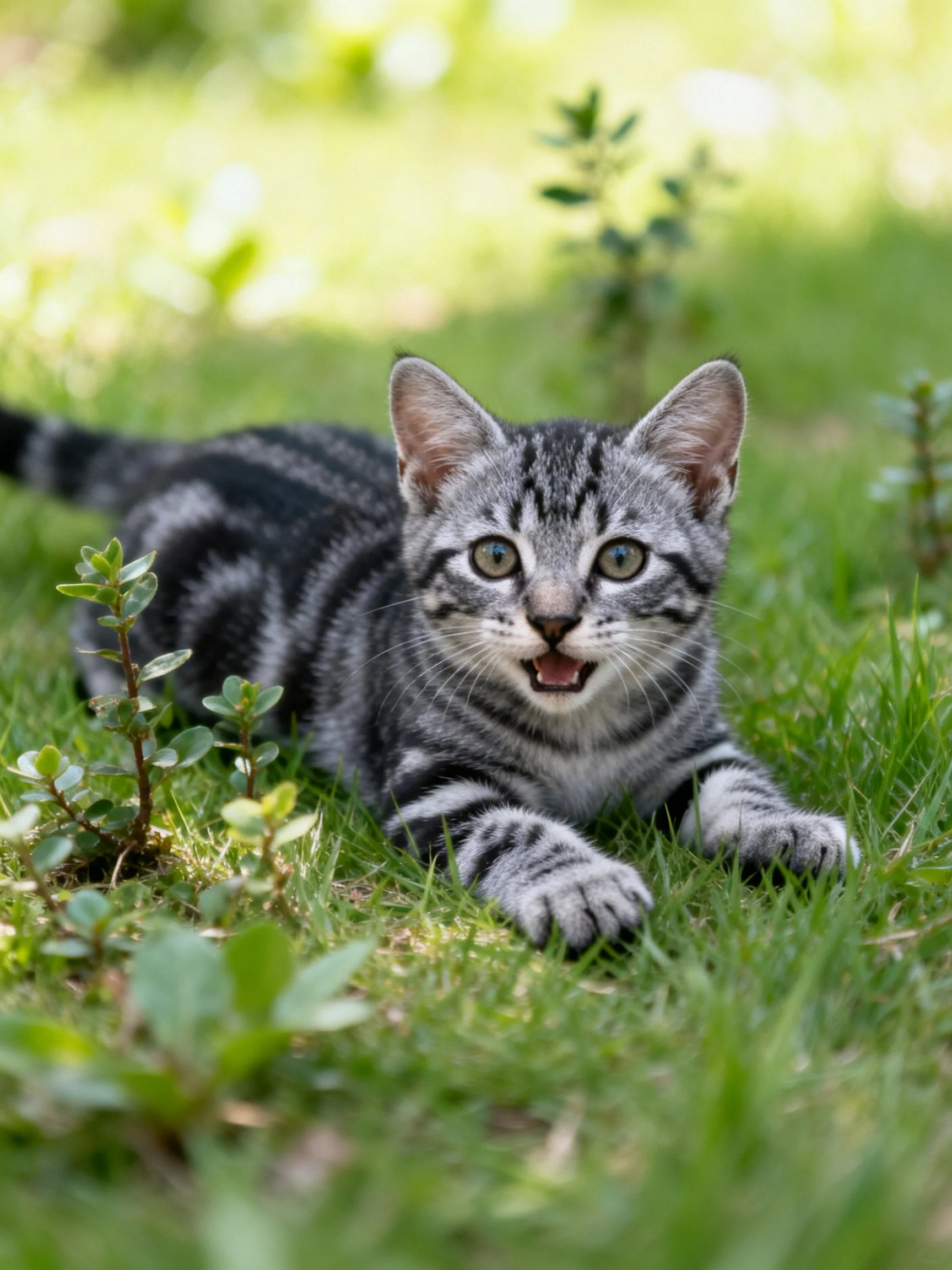 A gray tabby kitten relaxes on green grass in a sun-dappled outdoor area.