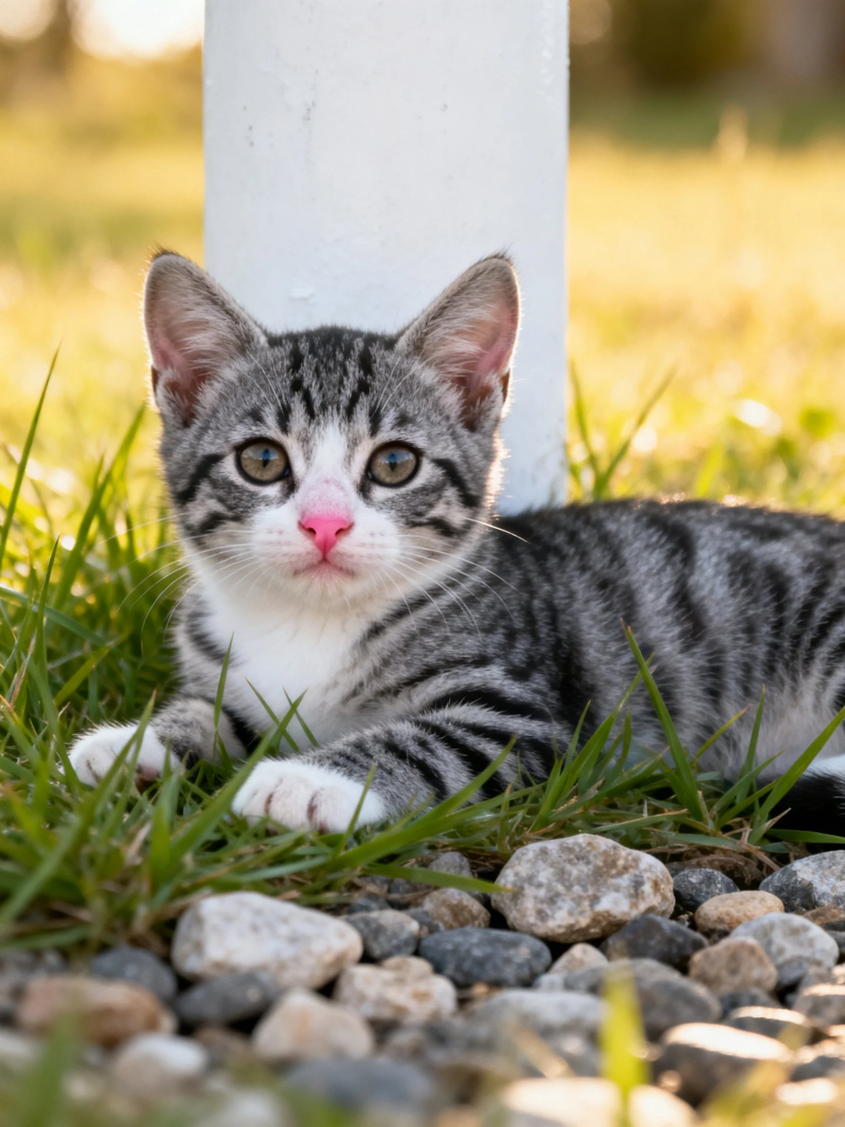 A gray tabby kitten rests near a white post among grass and pebbles