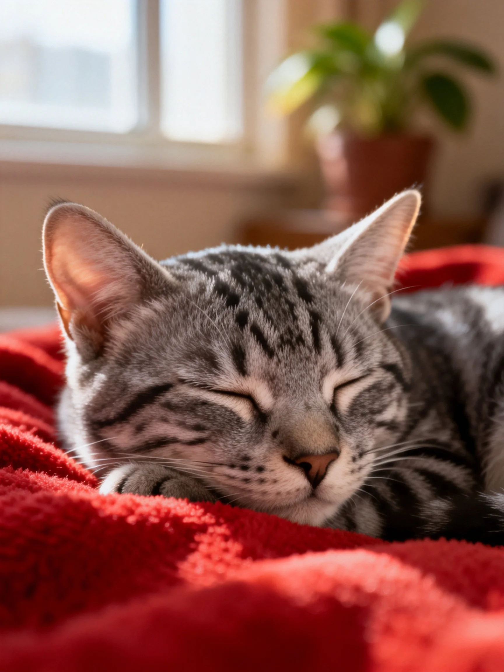 A gray tabby kitten sleeps peacefully on a red blanket in a sunlit room
