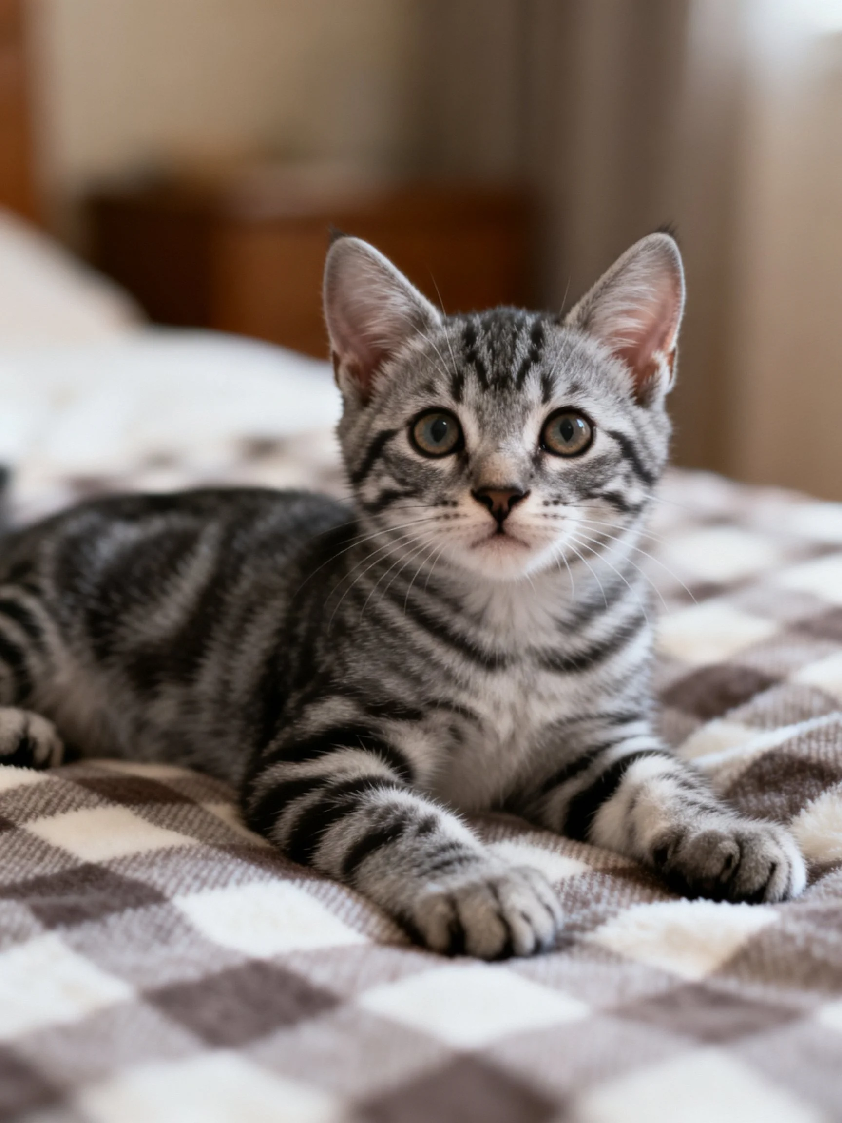 A gray tabby kitten rests on a brown-and-white checkered blanket indoors